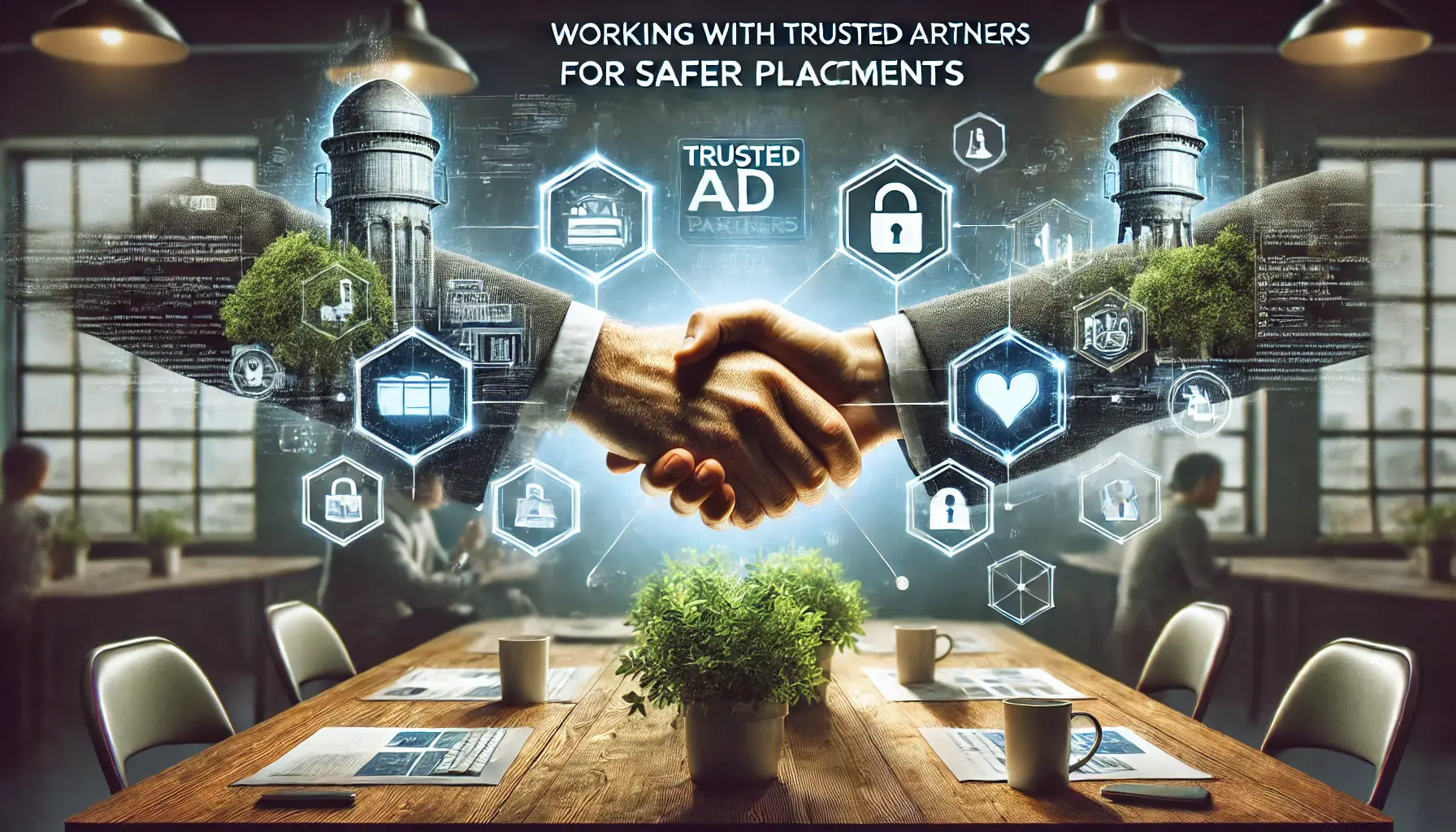 An image depicting two hands shaking, symbolizing a partnership between advertisers and trusted ad partners, with digital ads and security symbols in the background.