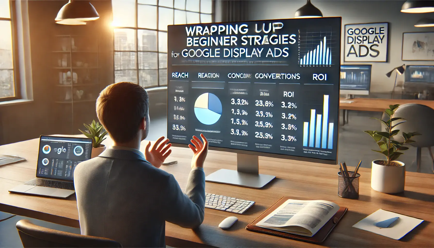 An image of a professional reviewing the results of a Google Display Ad campaign, reflecting on the successful implementation of beginner strategies.