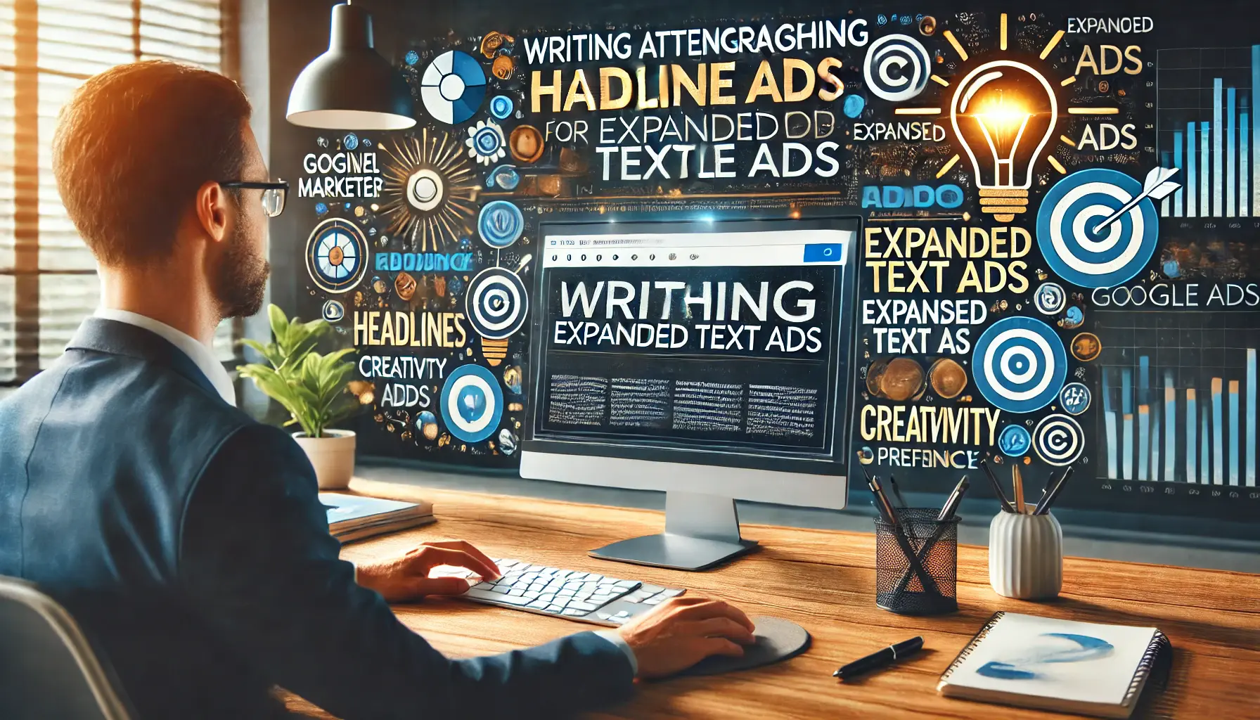 A digital marketer working on a computer screen with bold and dynamic headline concepts, surrounded by icons for creativity and precision.