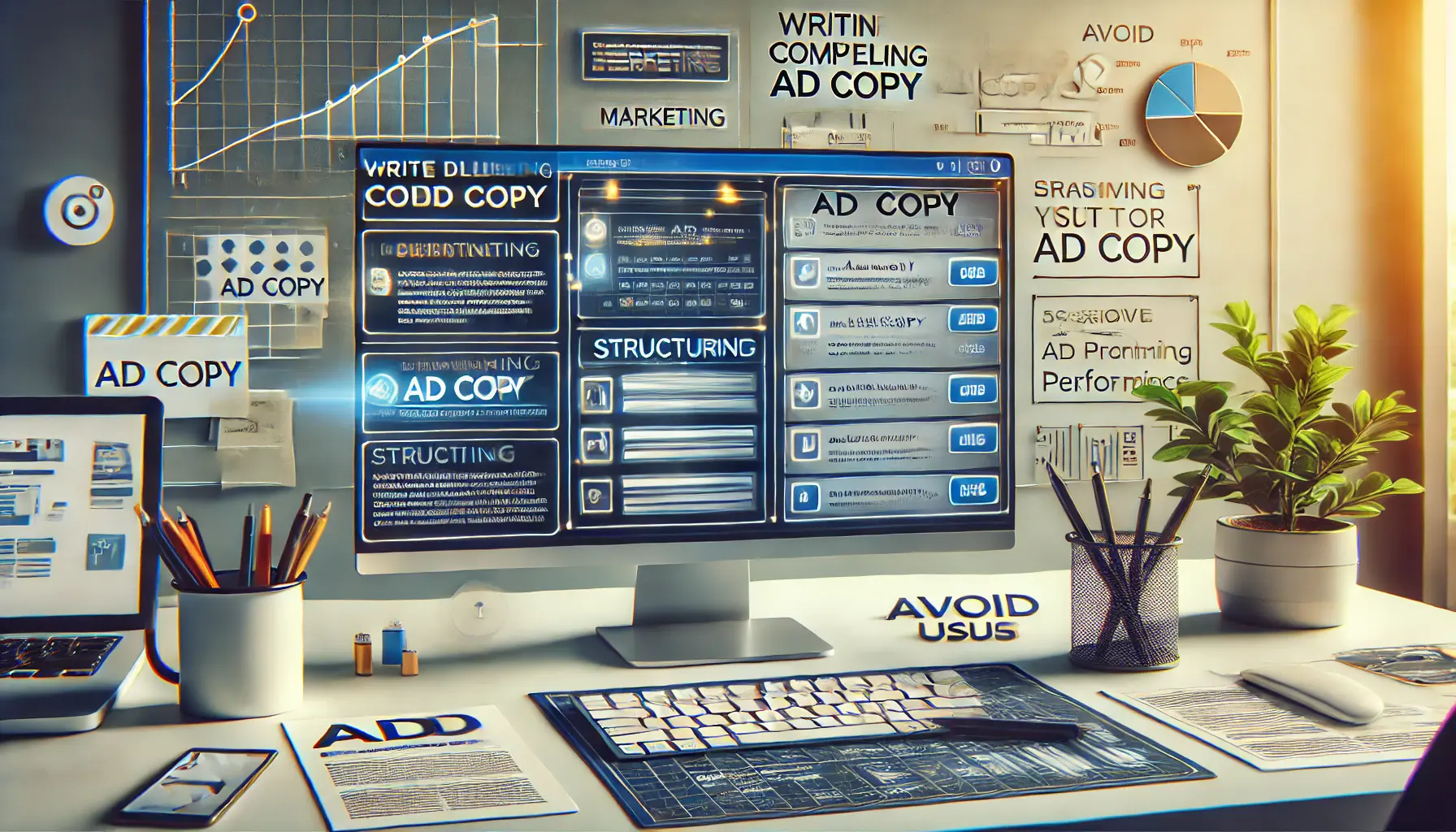 Illustration of a workspace featuring a text editor on a computer screen for creating structured ad copy, with notes and analytics charts nearby.