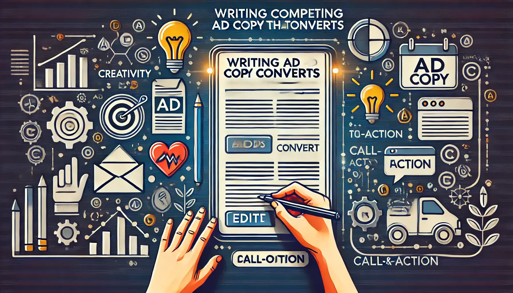 An illustration of writing compelling ad copy, featuring a digital screen showing an ad draft with symbols of creativity, emotion, and action like lightbulbs and a heart.