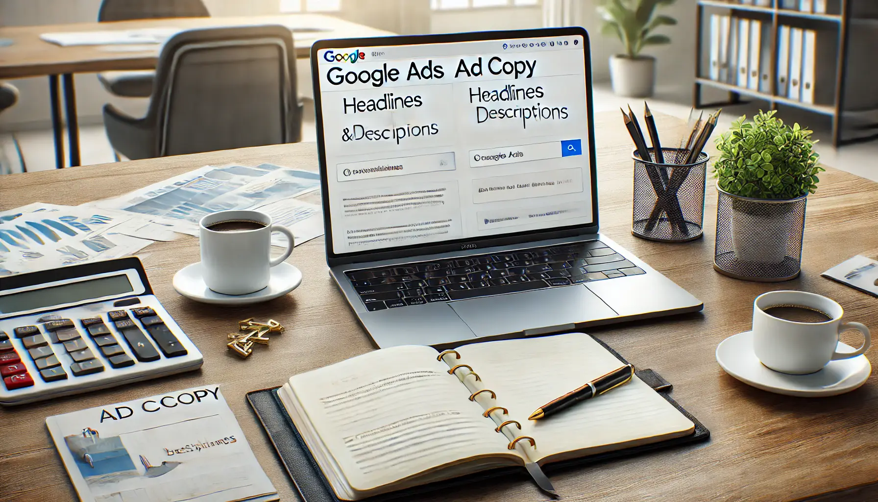 A laptop with the Google Ads interface for ad copy creation, surrounded by a notebook, pen, and coffee cup on a professional desk.