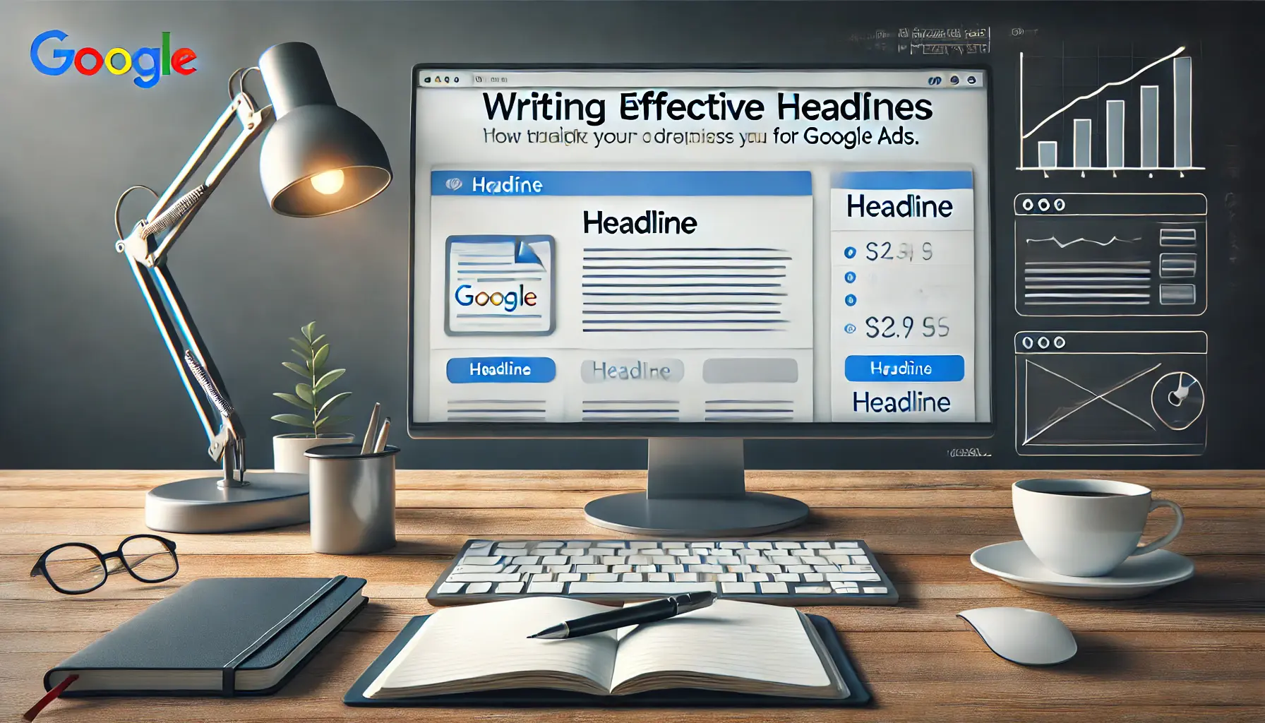 A modern workspace with a computer screen displaying the process of writing an ad headline in Google Ads.