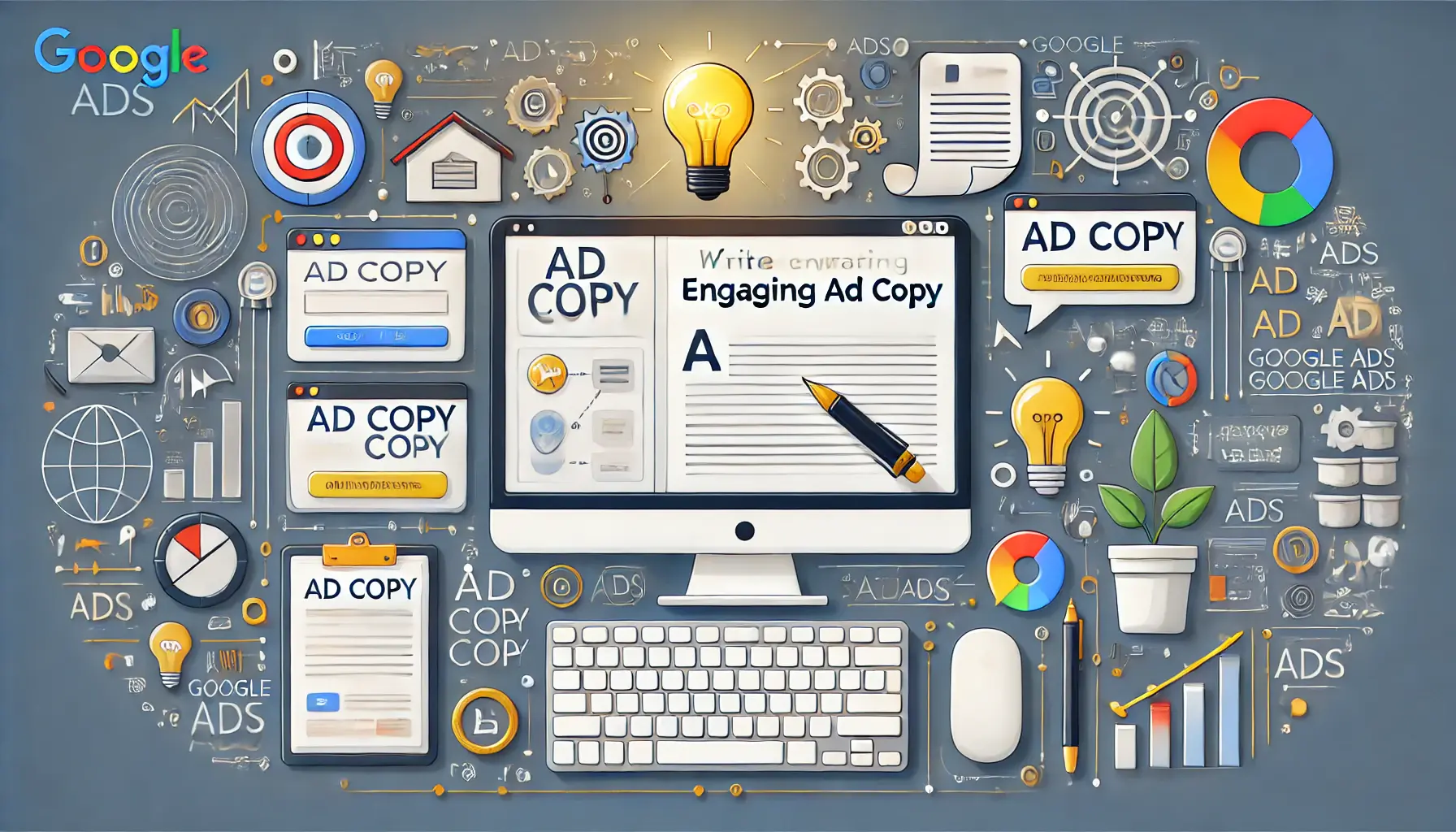 An illustration of writing engaging ad copy for Google Ads, featuring a computer screen with ad copywriting elements like a cursor, text box, and creative symbols.