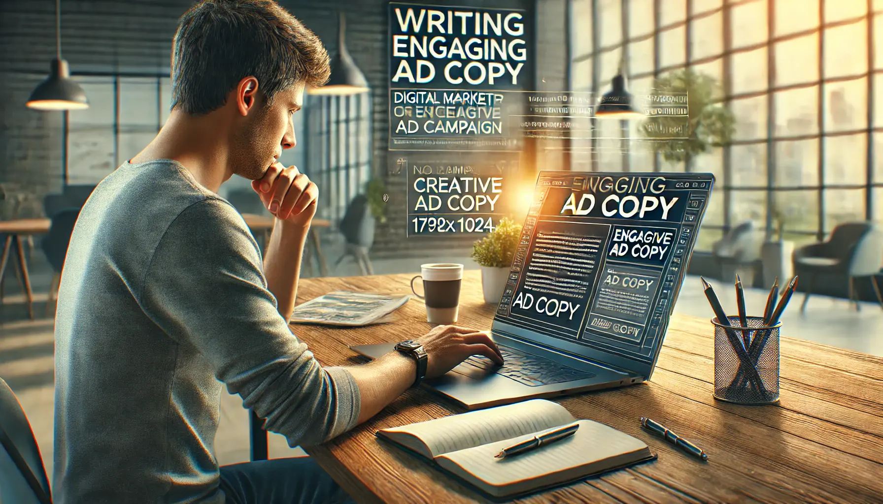 A digital marketer focused on writing creative and engaging ad copy on a laptop, with an ad campaign draft displayed on the screen and a comfortable workspace featuring a notebook and coffee cup.