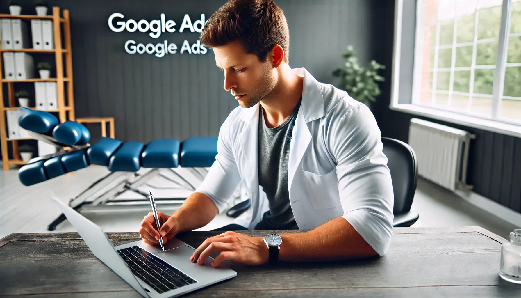 A chiropractor drafting headlines and descriptions for Google Ads on a laptop in a modern clinic.