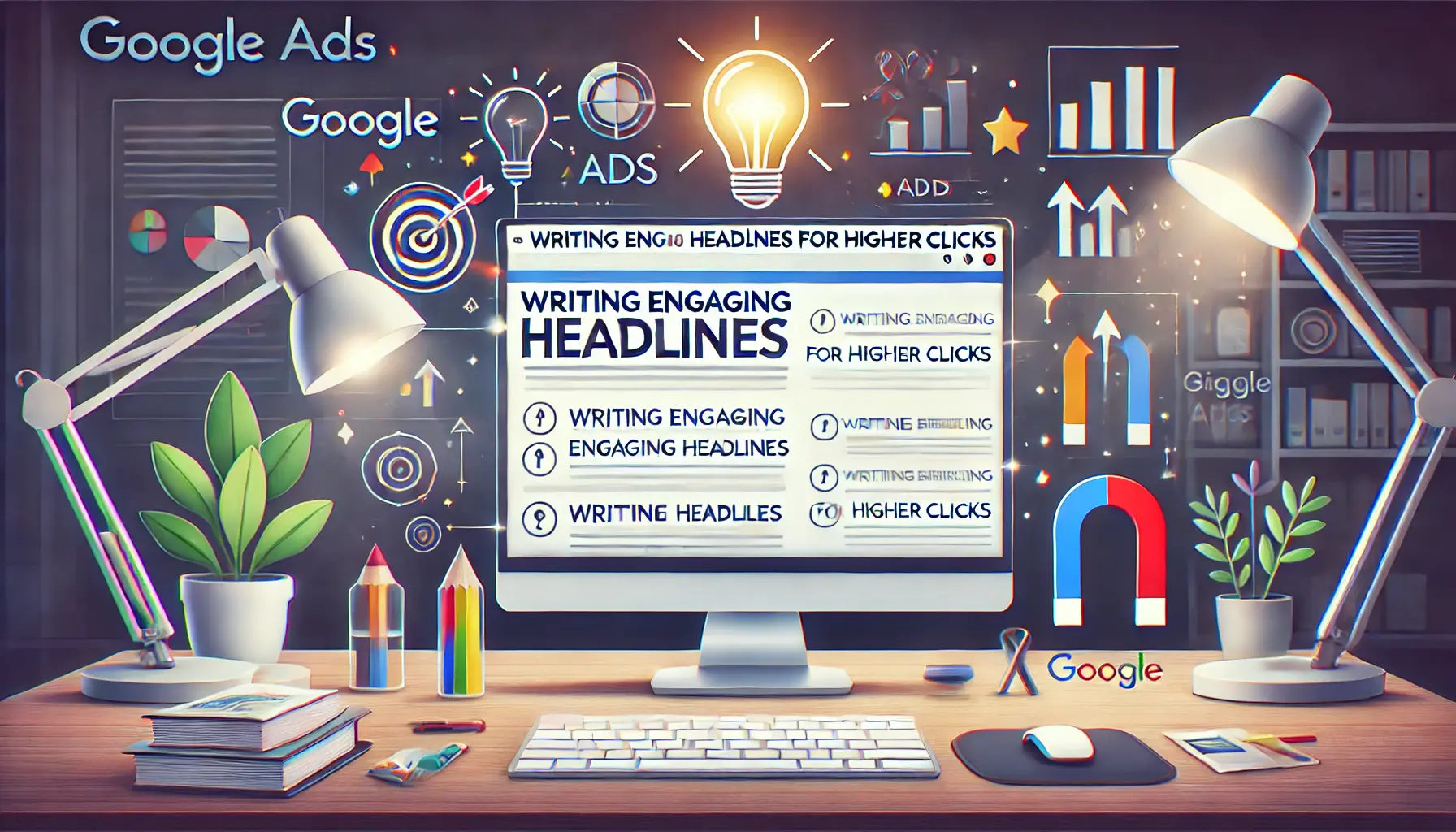 A workspace with a computer displaying a Google Ads interface where a headline is being optimized for higher engagement, surrounded by creativity symbols like a light bulb, magnet, and upward arrows.