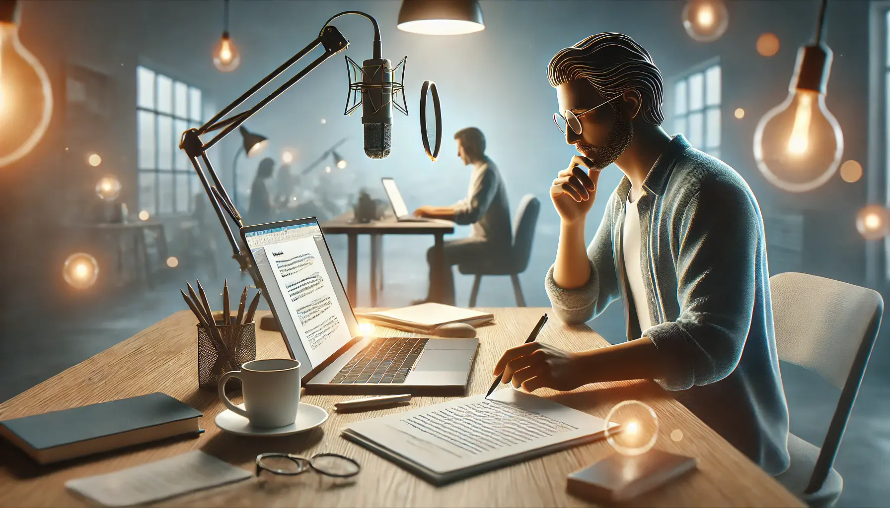 A writer sitting at a desk, carefully editing a voiceover script on a laptop, with a neat workspace including a notepad, coffee, and a pen.