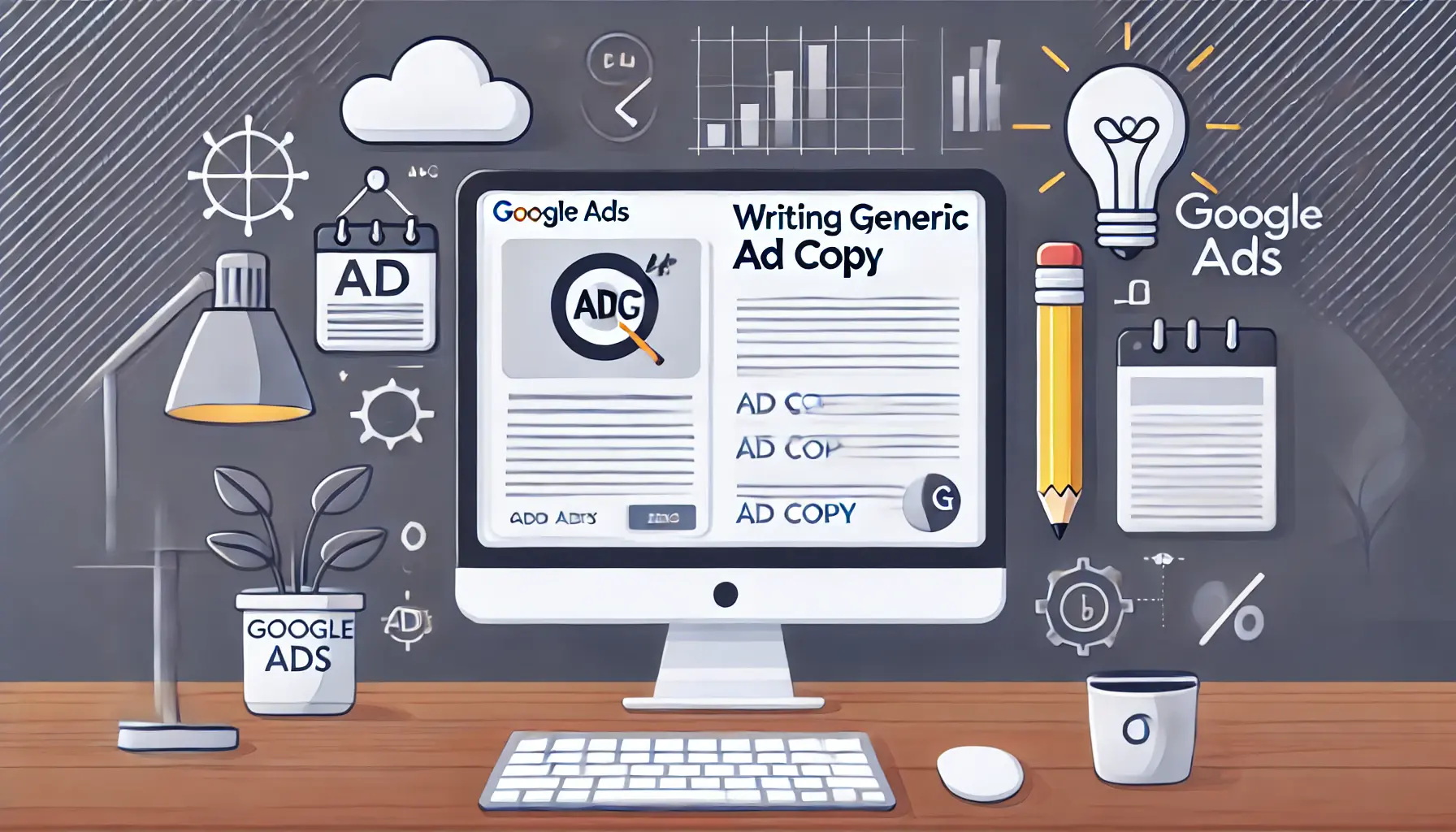 A computer screen displaying a bland, unengaging Google Ads campaign, surrounded by icons symbolizing a lack of impact like a gray cloud, dull pencil, and broken light bulb in a modern workspace.