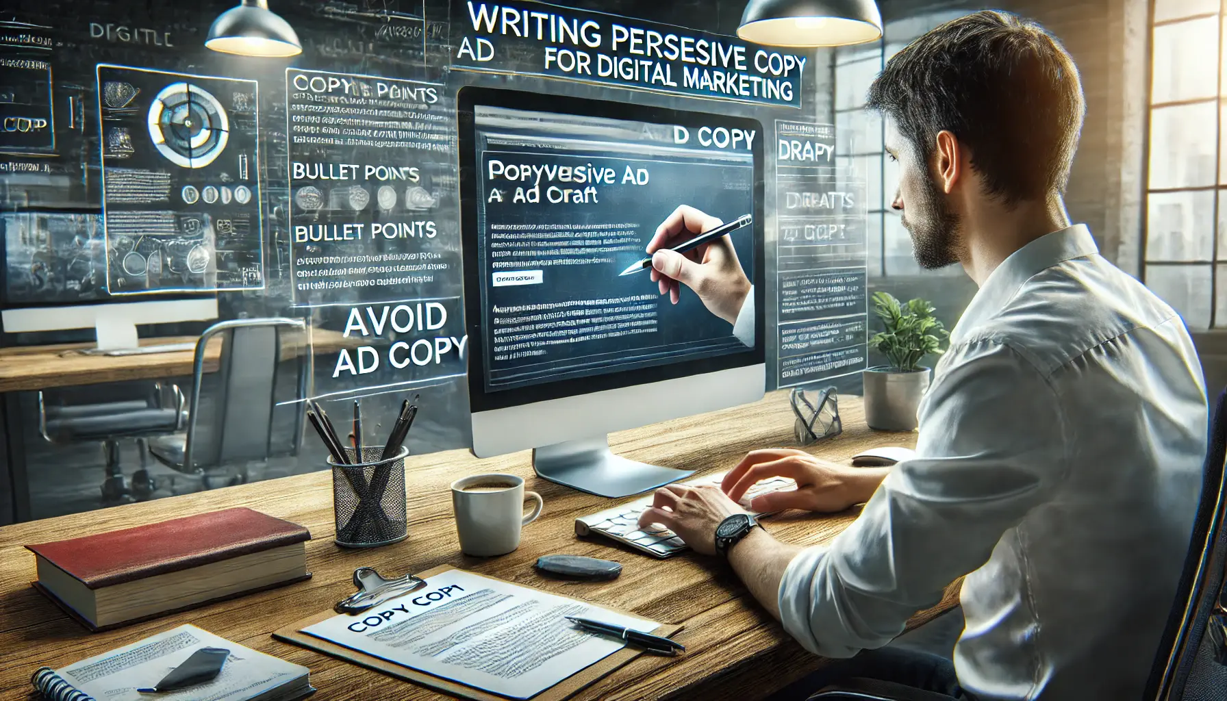 A copywriter in a creative workspace, focused on writing persuasive ad copy on a computer screen with drafts and notepads in the background.