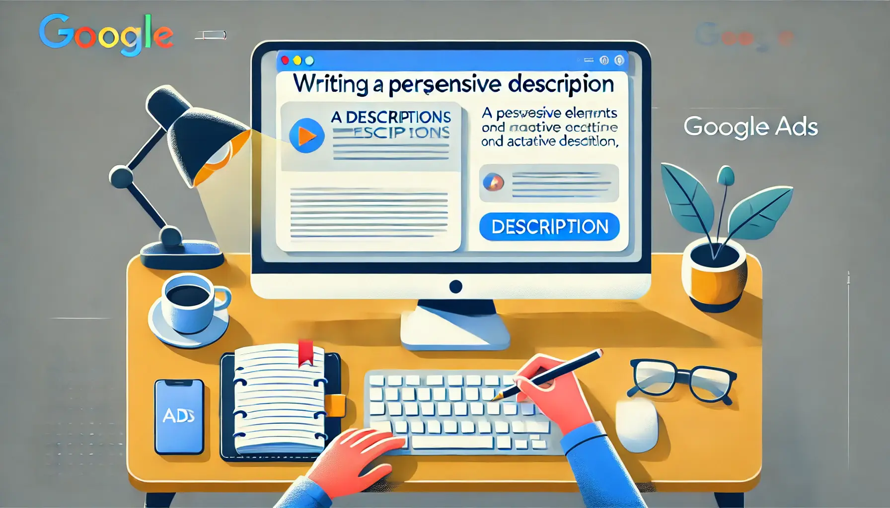 A modern workspace with a computer screen displaying the process of writing a persuasive description in Google Ads.