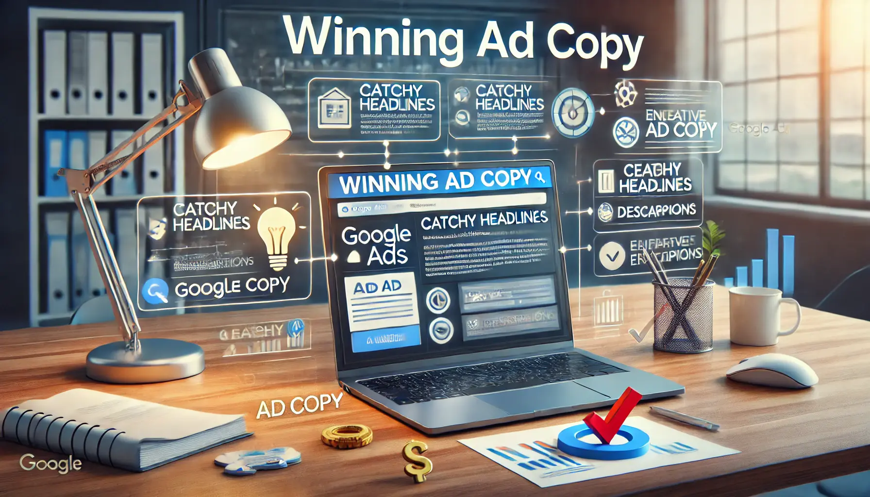 A digital workspace showing a laptop with an ad creation interface, with elements representing creativity like light bulbs and checkmarks.