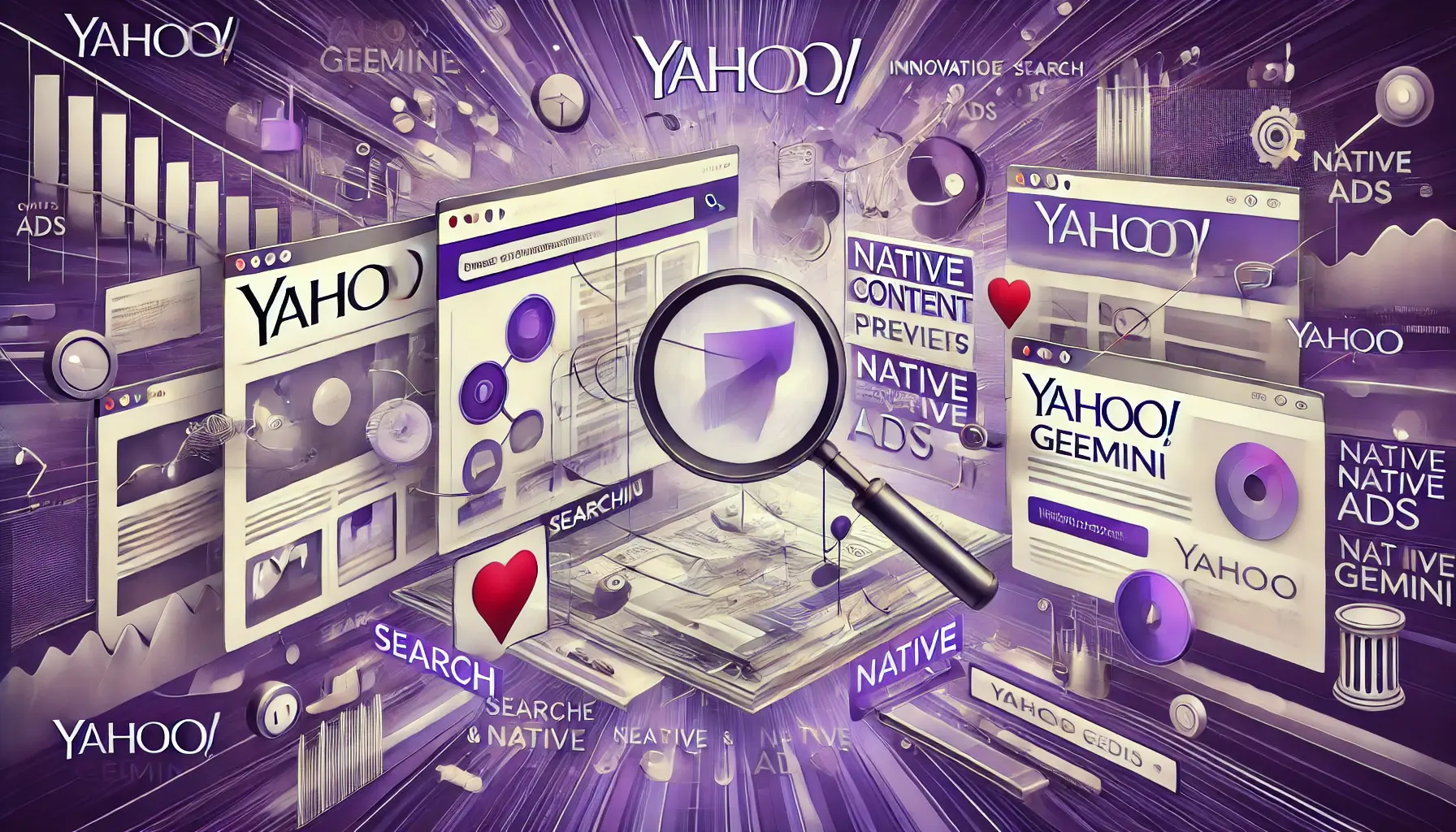 An abstract illustration depicting Yahoo Gemini with search bars, native ad previews blending with web layouts, and user engagement indicators in shades of purple and gray.