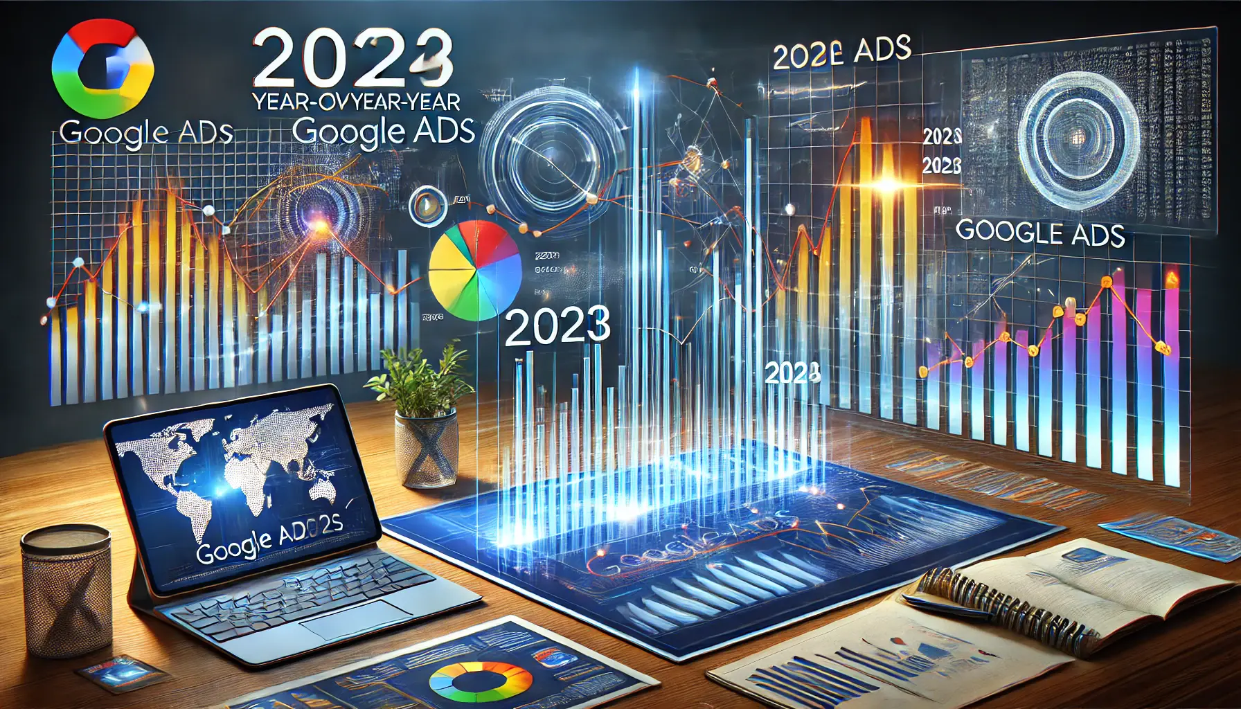 Visualization of year-over-year changes in Google Ads performance with comparison graphs.