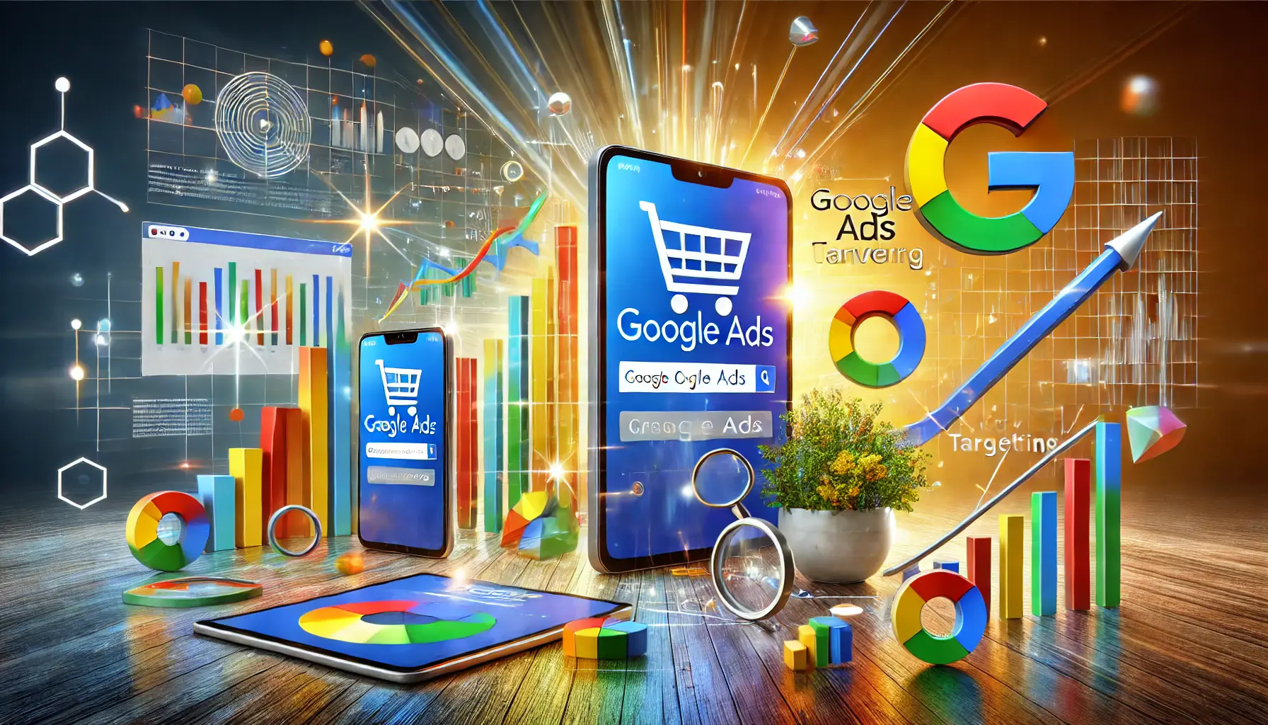 An artistic depiction of digital advertising featuring a Google search bar, digital devices showing ads, and abstract analytics visuals in a professional style.