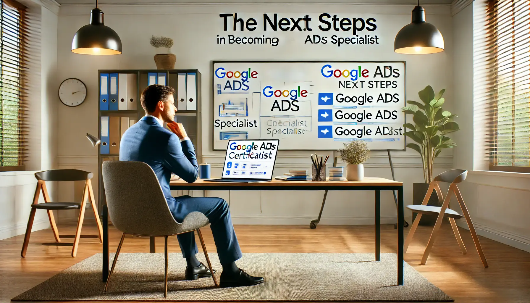 A professional in a modern office setting goals and planning their career path, with a laptop showing Google Ads certification courses and a whiteboard outlining a strategic roadmap.