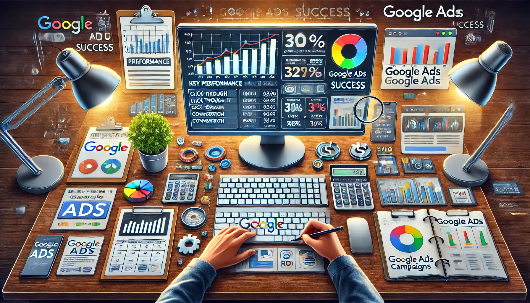 A digital marketer analyzing campaign performance data and strategies on a computer, with growth graphs, ROI, and key metrics.