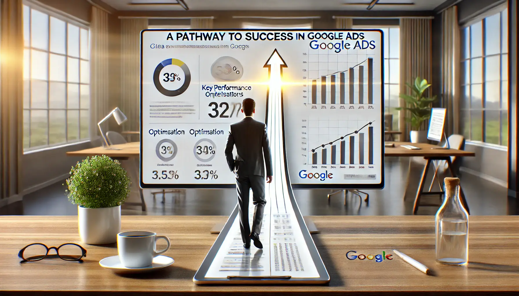 A business professional standing in front of a screen showing an upward trajectory in performance metrics and Google Ads optimization scores.