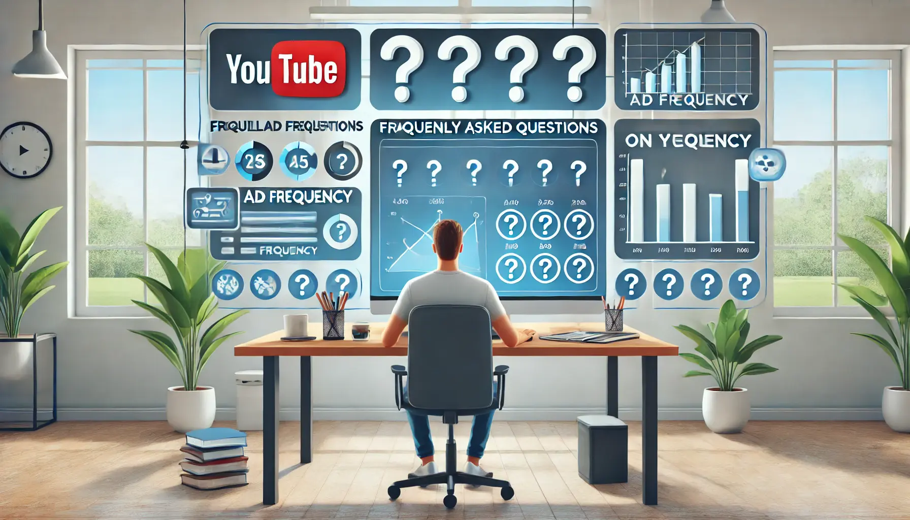 A digital marketer sitting at a desk with a computer displaying ad frequency metrics, question mark icons, and data points symbolizing common queries about YouTube ad frequency.