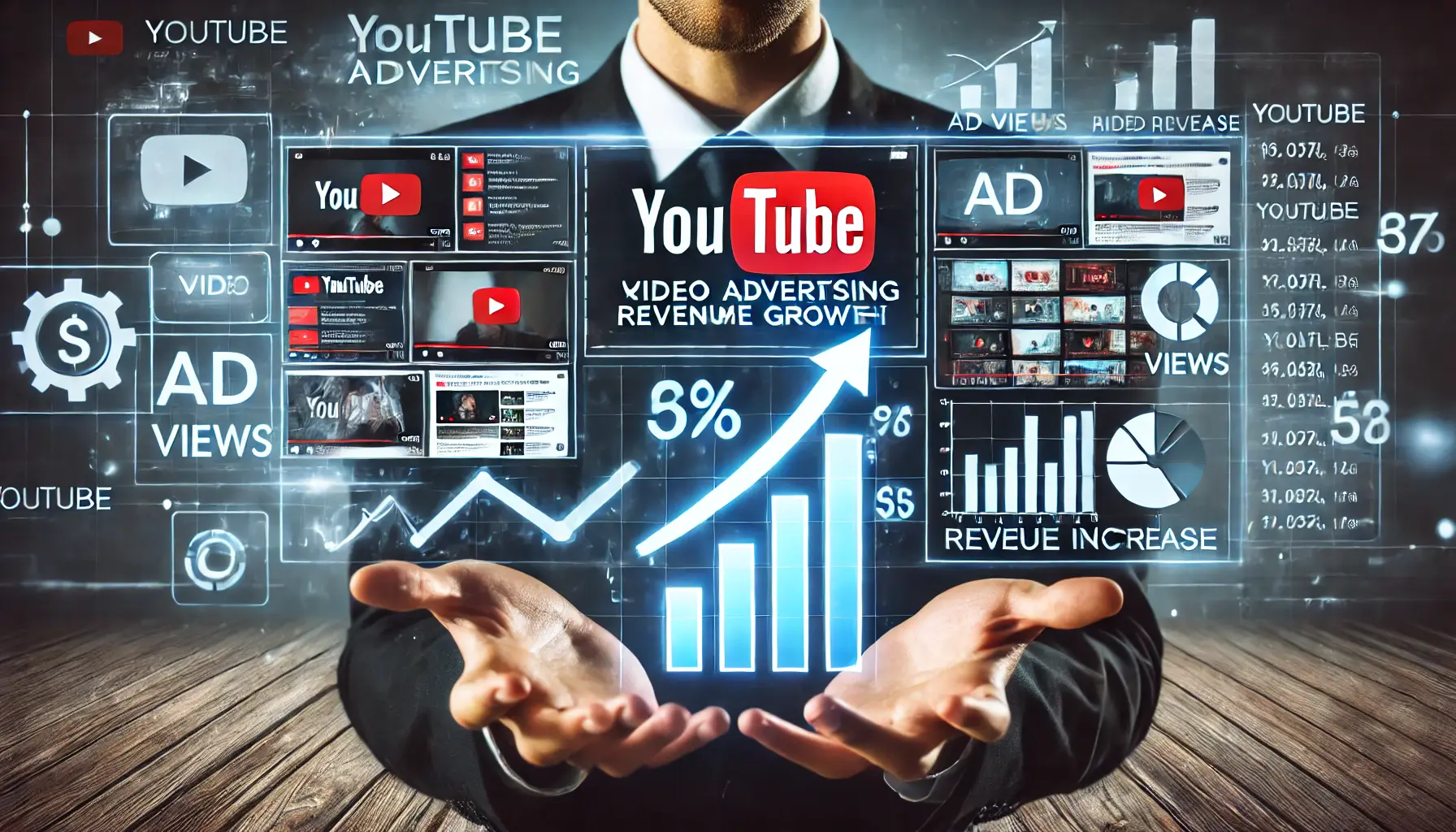 A professional representation of YouTube advertising revenue growth, featuring videos playing, ad placements, and growth indicators.