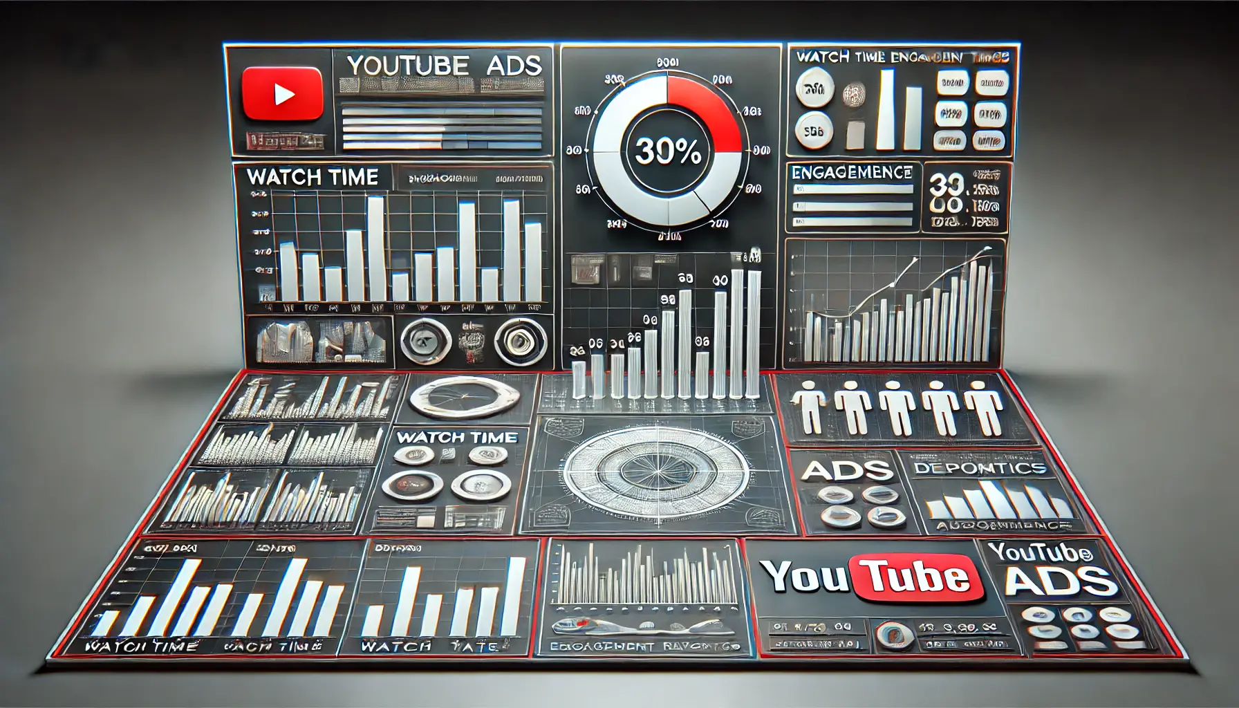 An illustration of a digital dashboard displaying YouTube Analytics for ad performance, featuring charts, graphs, and engagement metrics.