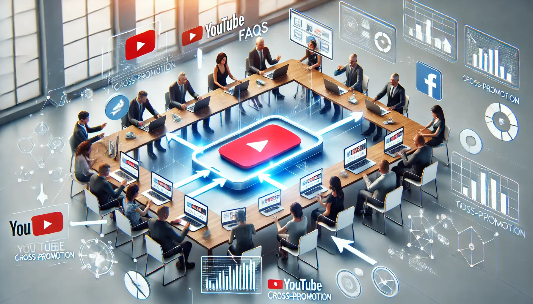 An illustration showing people discussing YouTube cross-promotion strategies around devices displaying video content, social media platforms, and analytics.