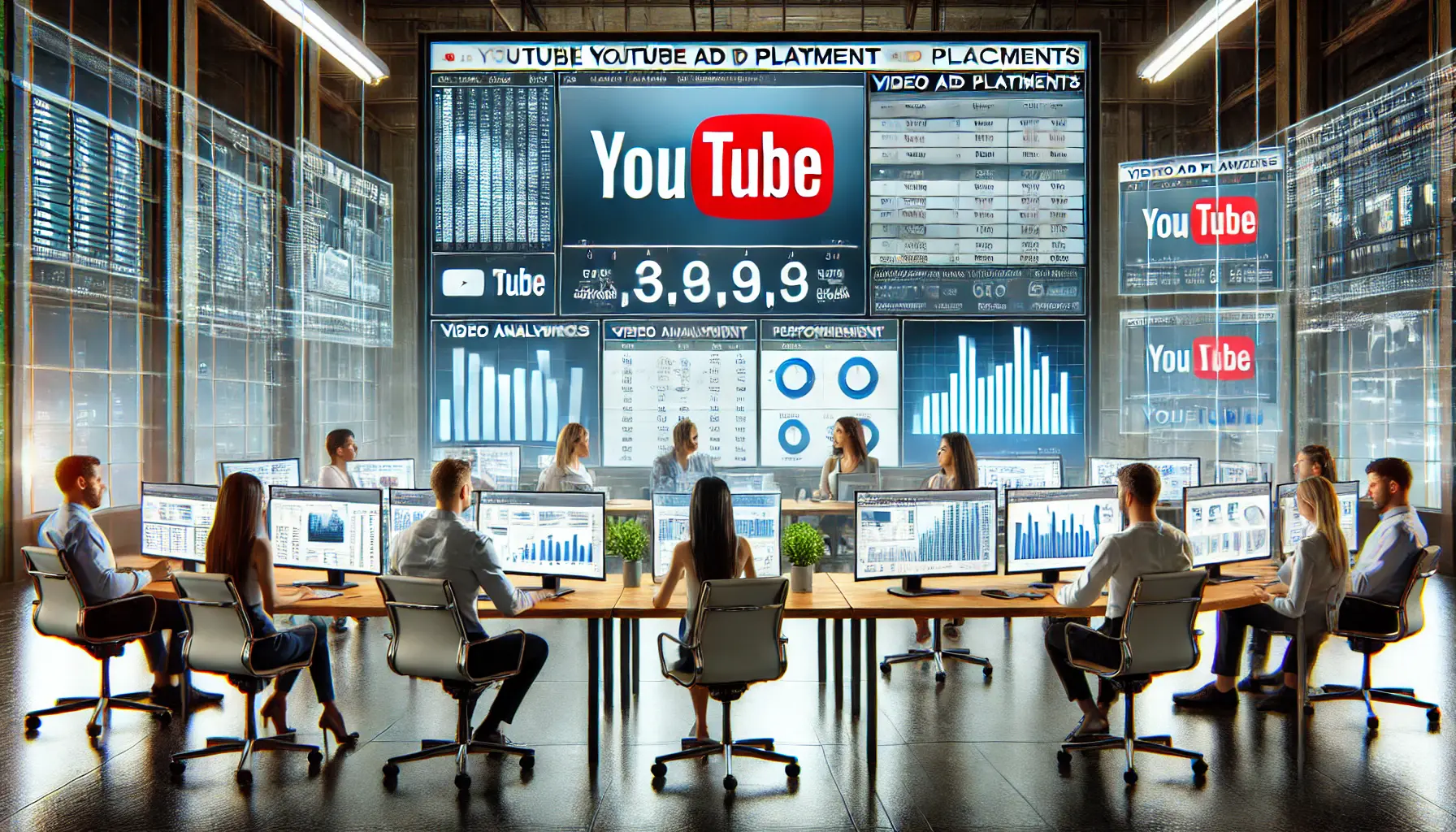 A team of digital marketers analyzing YouTube ad placement data and performance on large screens in a modern office setting.