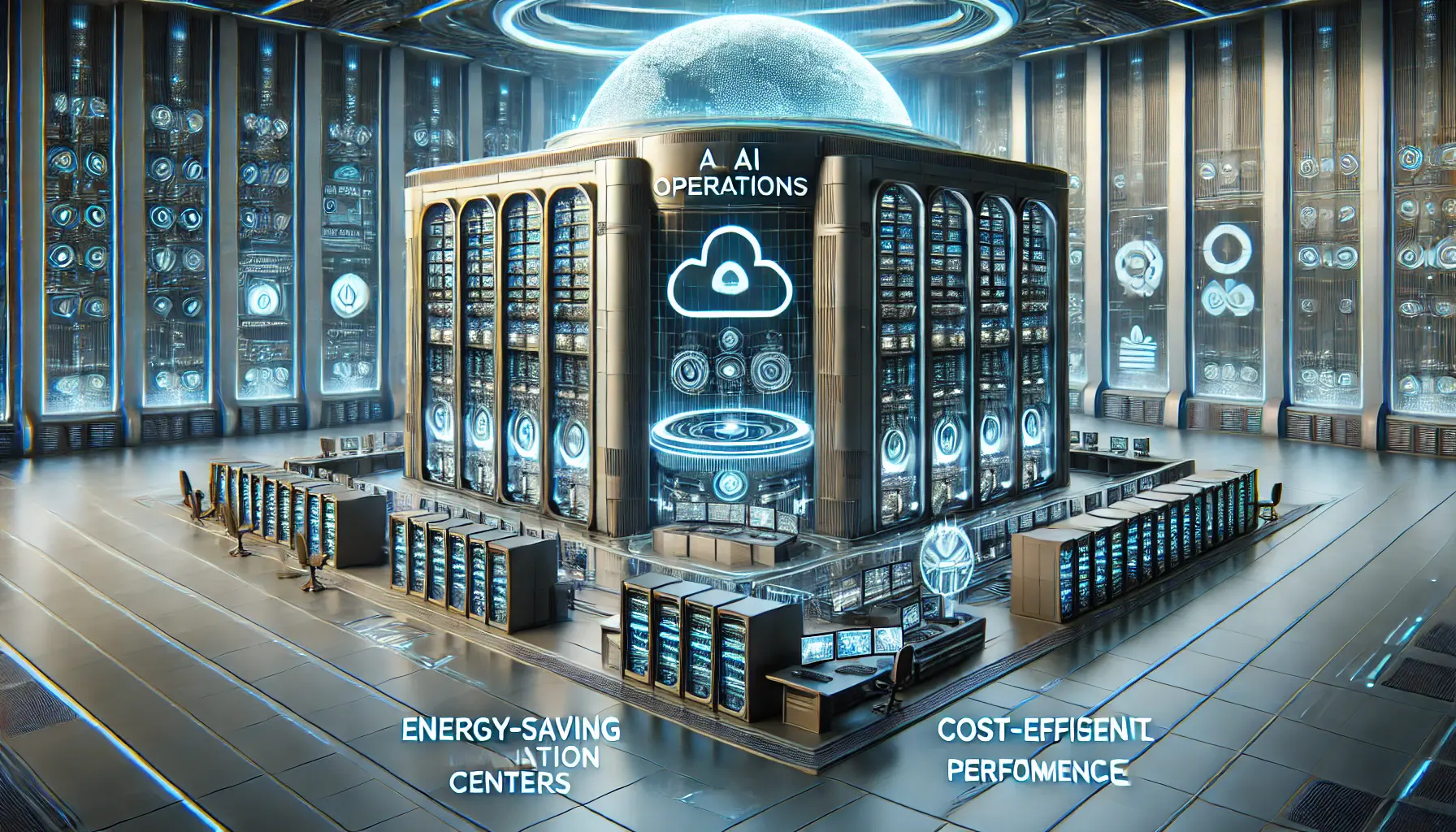 A futuristic AI operations center with energy-efficient AI servers and optimized cloud infrastructure reducing operational expenses.