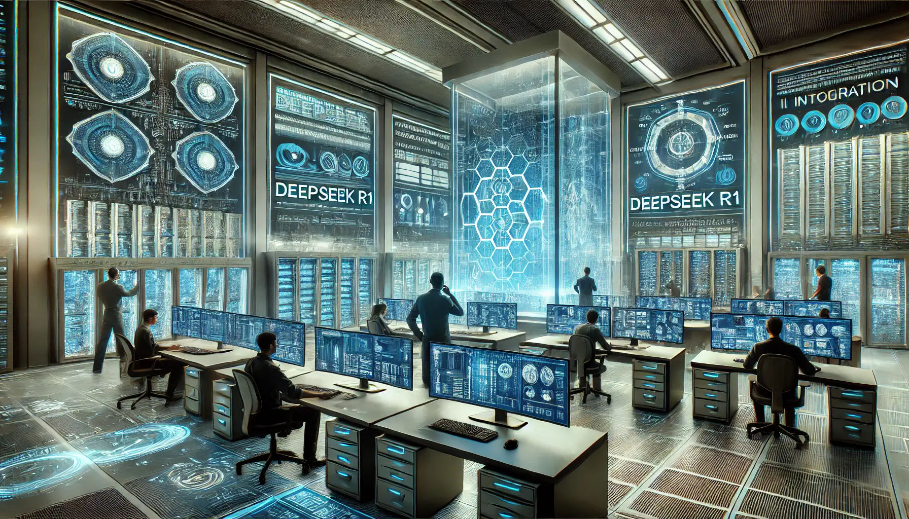 A futuristic IT control center with engineers evaluating system performance, server capacity, and AI compatibility using holographic data displays.