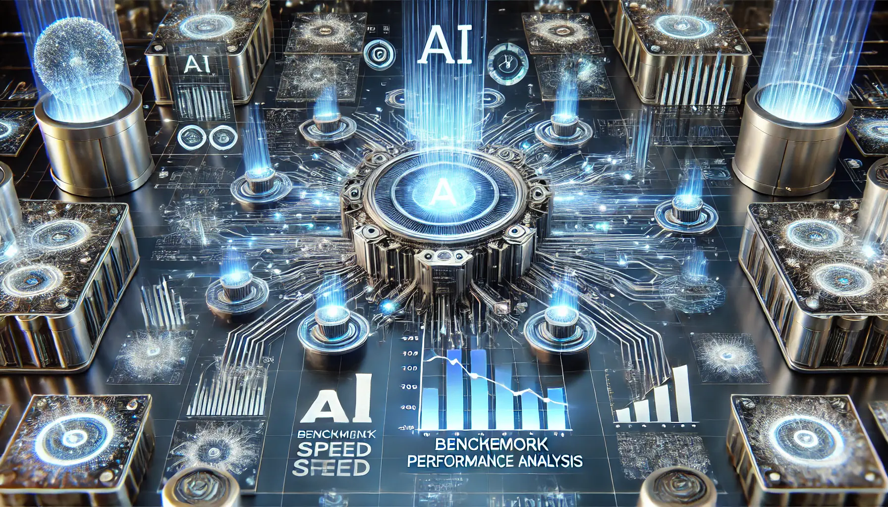 A digital visualization of AI models being evaluated through benchmark performance analysis, with glowing data flows and performance metrics.