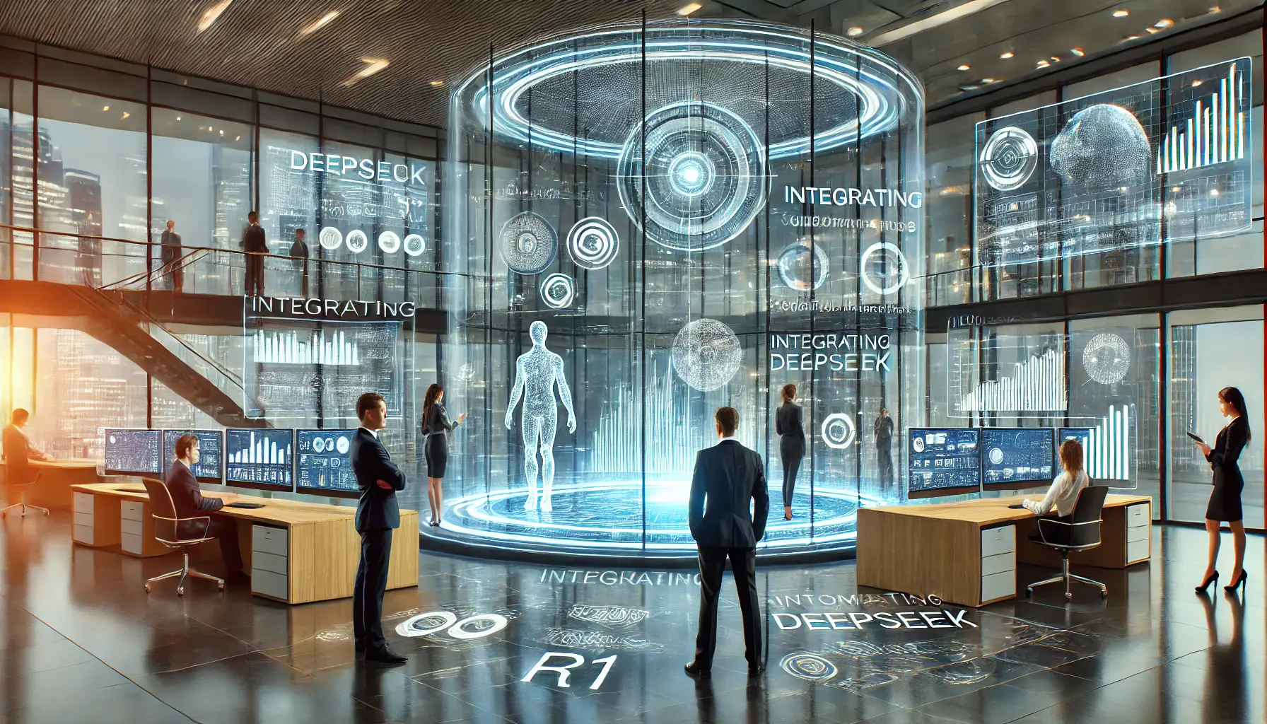 A futuristic business office with AI-powered holographic dashboards displaying analytics, predictive insights, and automated decision-making.