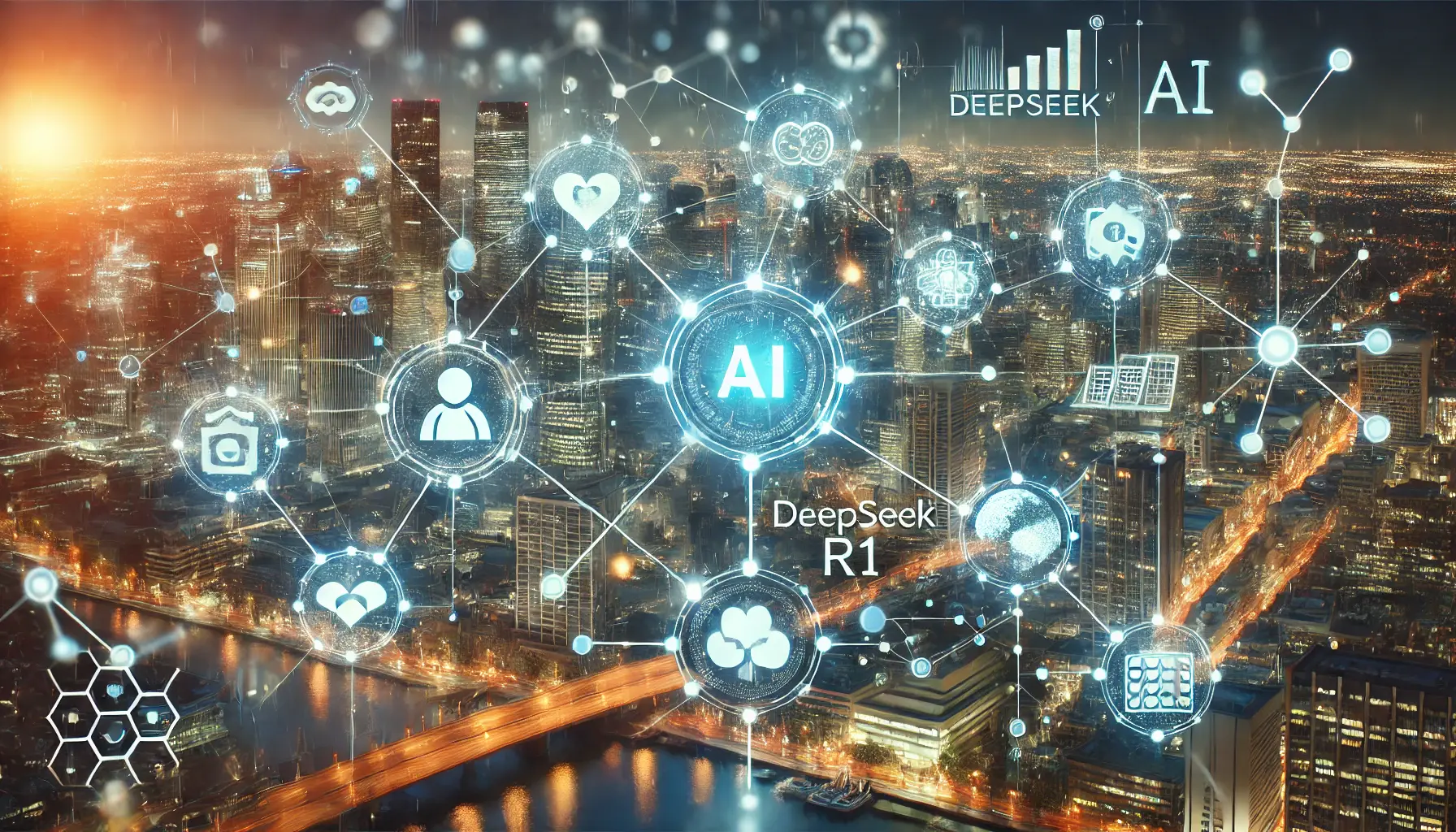 High-tech digital concept illustrating successful AI integrations across industries like finance, healthcare, and technology with glowing data streams.