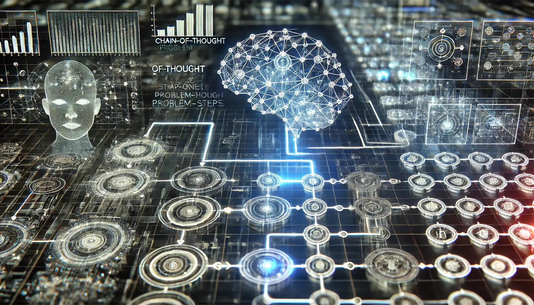 A futuristic AI system demonstrating chain-of-thought reasoning with interconnected digital nodes forming a structured sequence of logical steps.