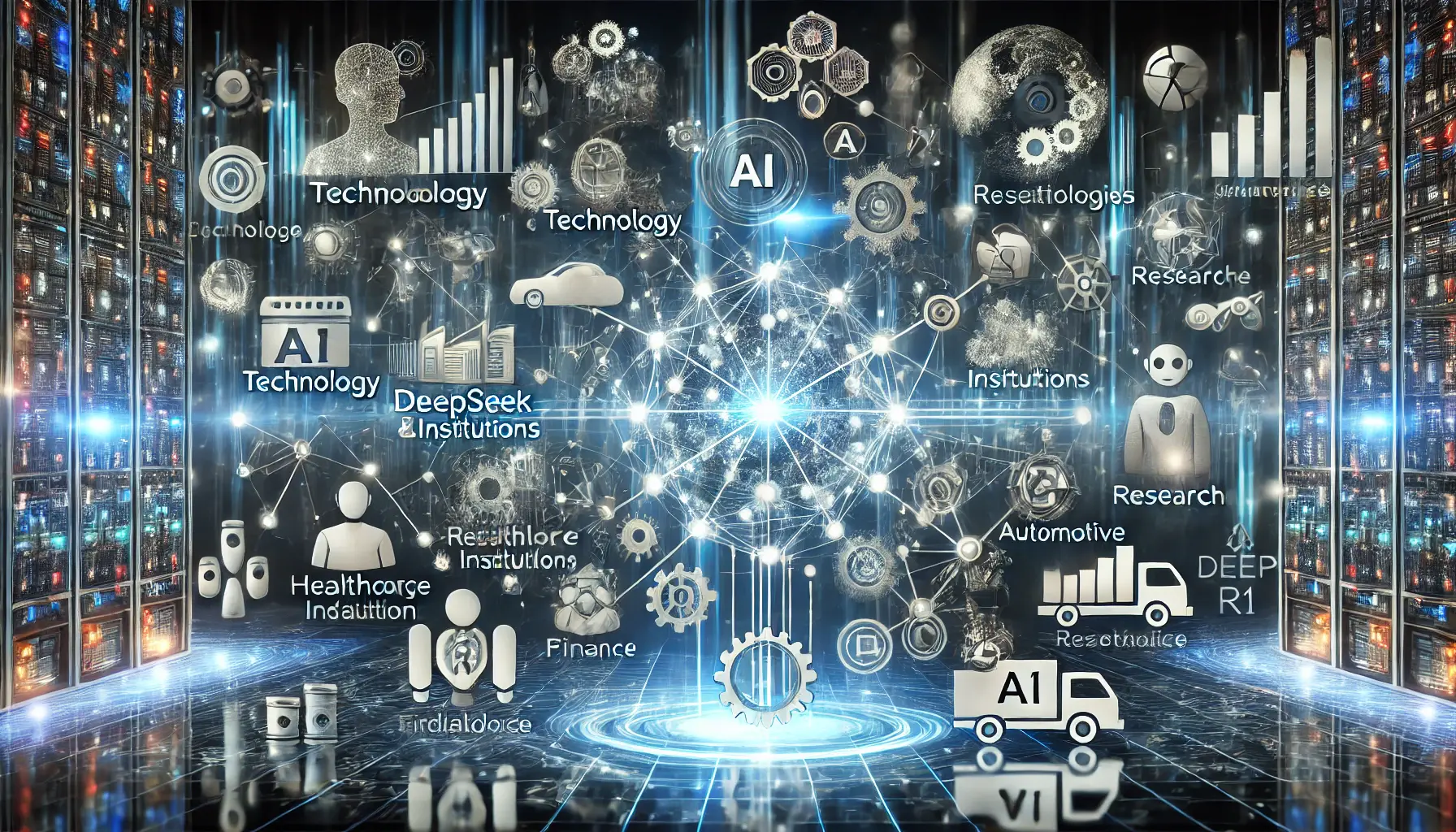 A digital concept representing the collaborations and integrations of DeepSeek R1 with industries like healthcare, finance, and automotive.