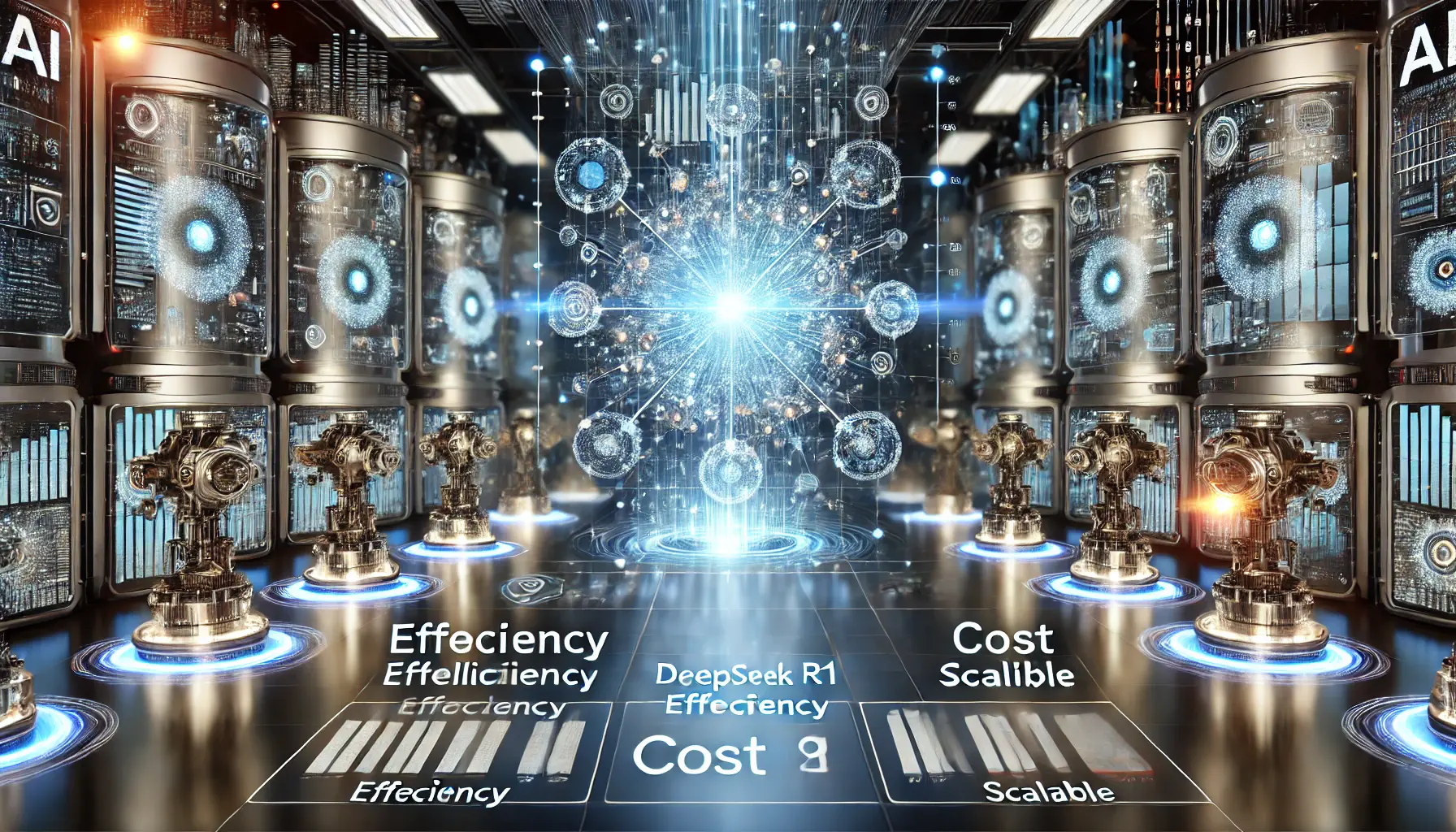 Futuristic AI comparison concept featuring multiple advanced AI models with interconnected digital structures, glowing data streams, and a high-tech evaluation framework.