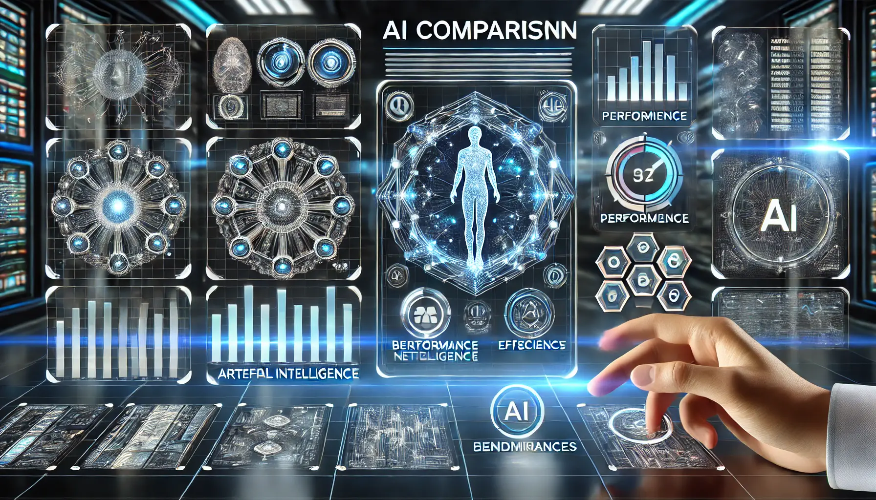 A futuristic AI comparison interface displaying multiple artificial intelligence models, holographic data visualizations, and performance metrics.