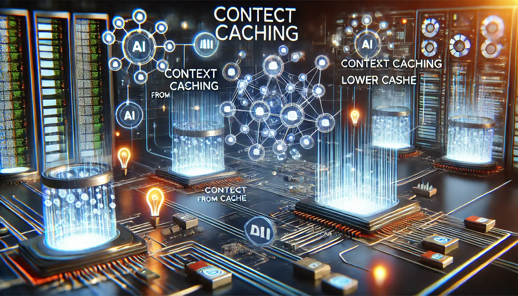 High-tech digital visualization of context caching in an AI system, showing data being processed and stored for future use, with glowing elements representing cached and non-cached data.