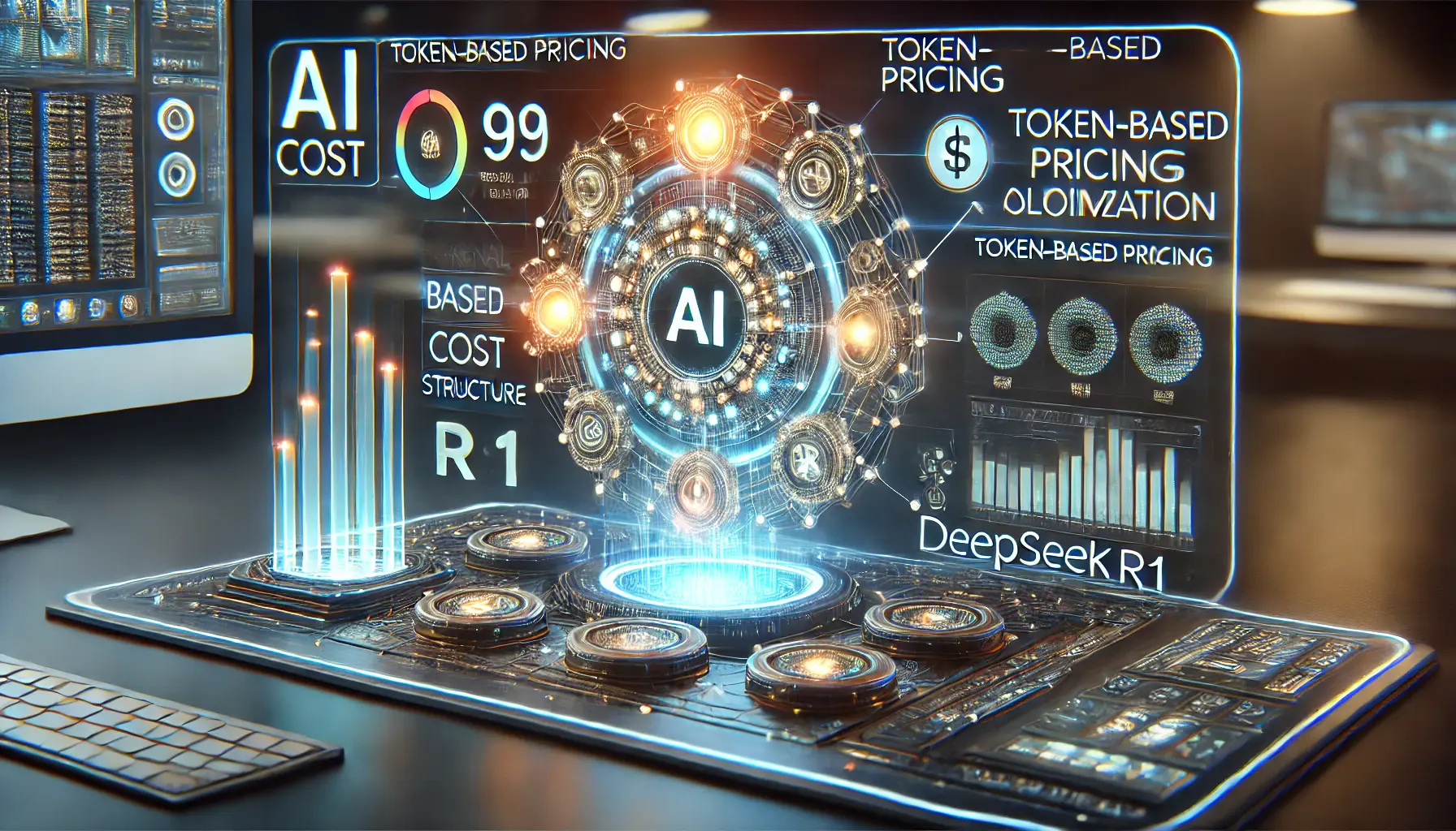 High-tech visualization of AI cost structure featuring a futuristic digital dashboard displaying financial analytics, token-based pricing, and computational resource allocation.