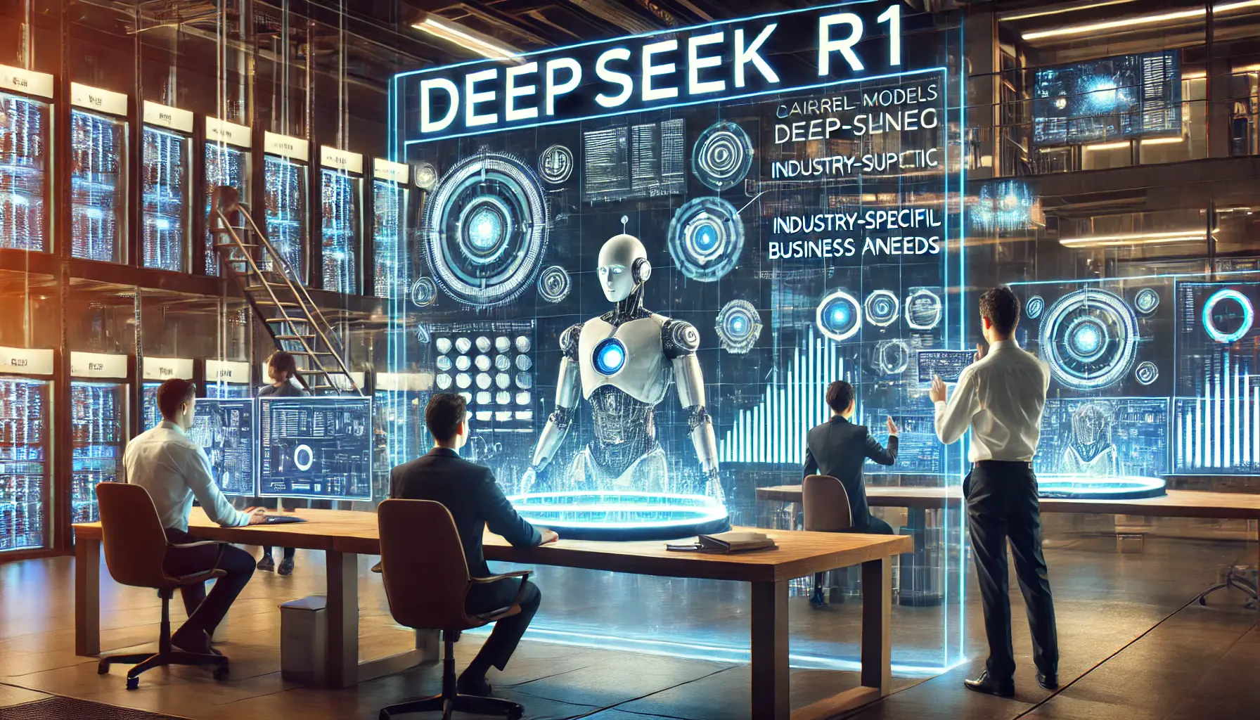 A futuristic business environment with engineers customizing DeepSeek R1, fine-tuning AI models and integrating industry-specific data.