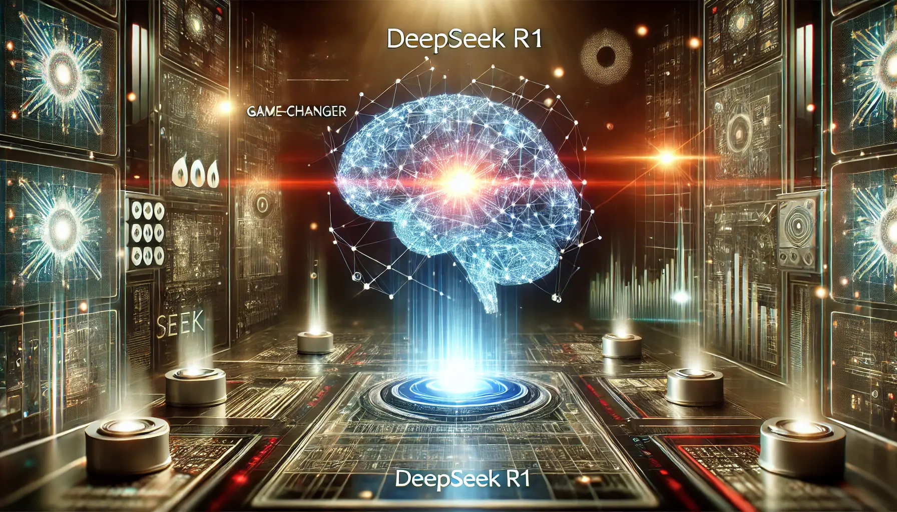 A futuristic AI system at the center of a high-tech digital environment with glowing neural networks and holographic data streams.