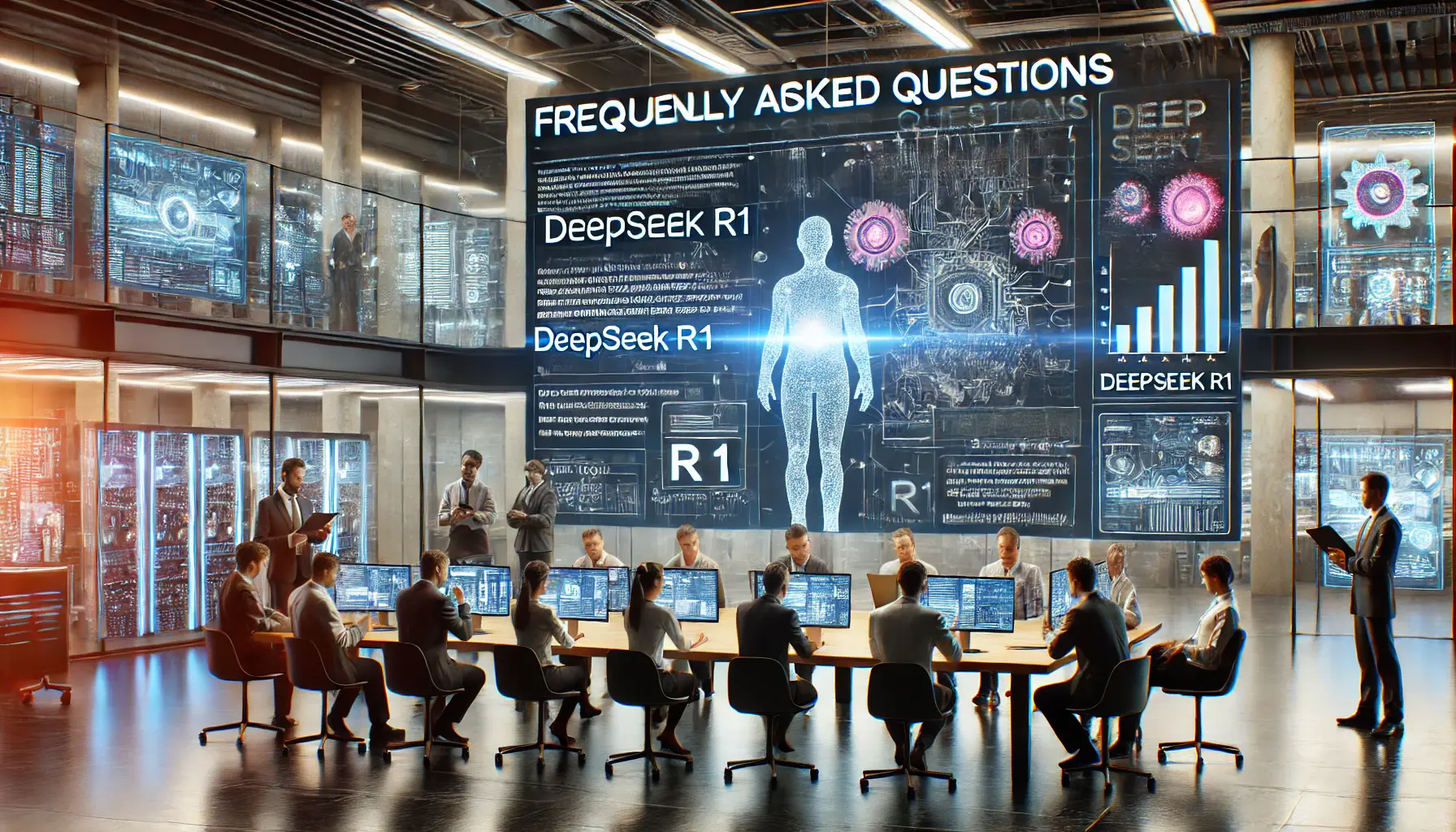 A high-tech office space where professionals are reviewing questions and discussing DeepSeek R1's capabilities, with digital displays showing AI systems.