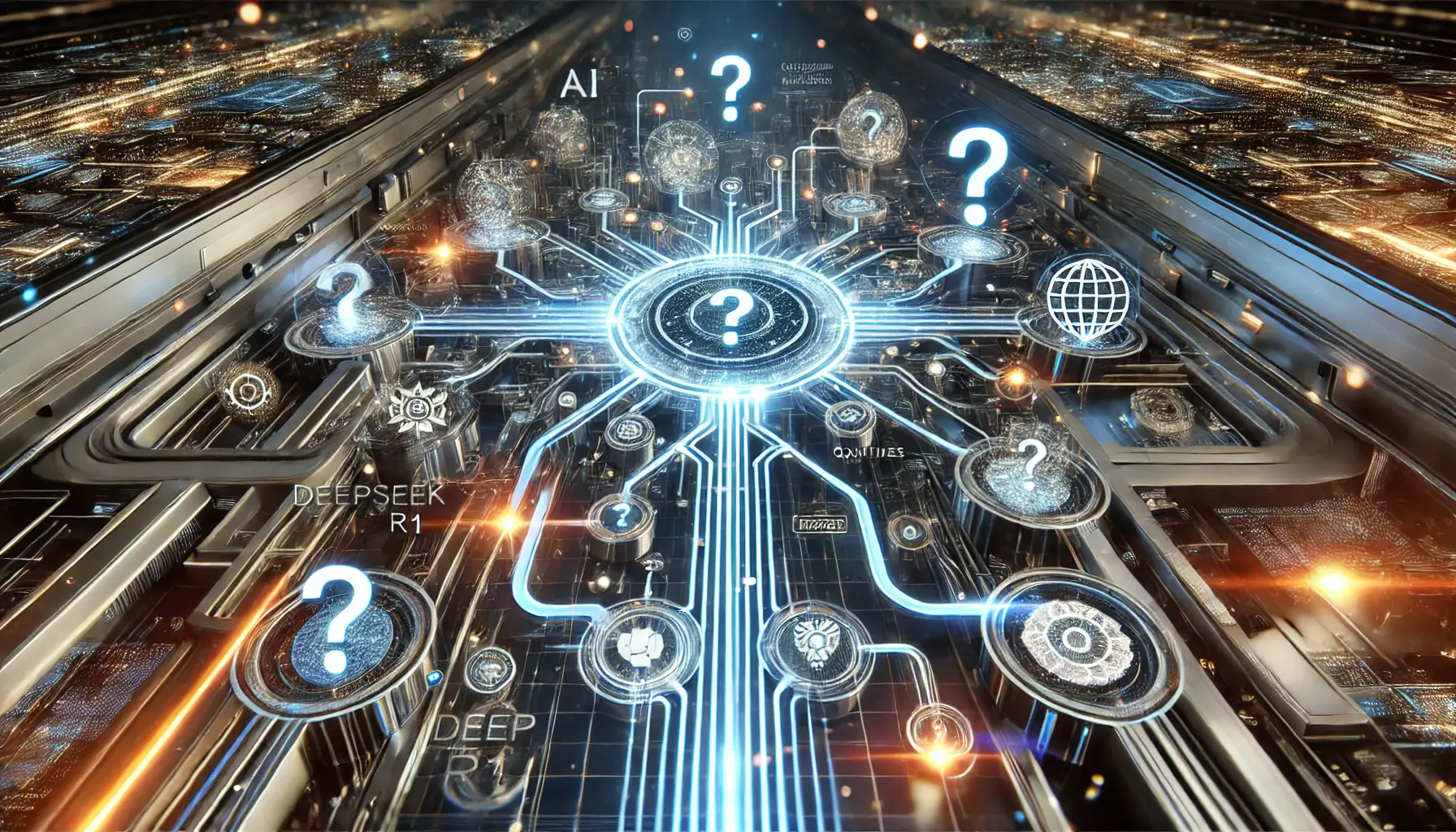 A digital concept representing frequently asked questions about DeepSeek R1, with an AI system surrounded by interconnected pathways symbolizing different inquiries.