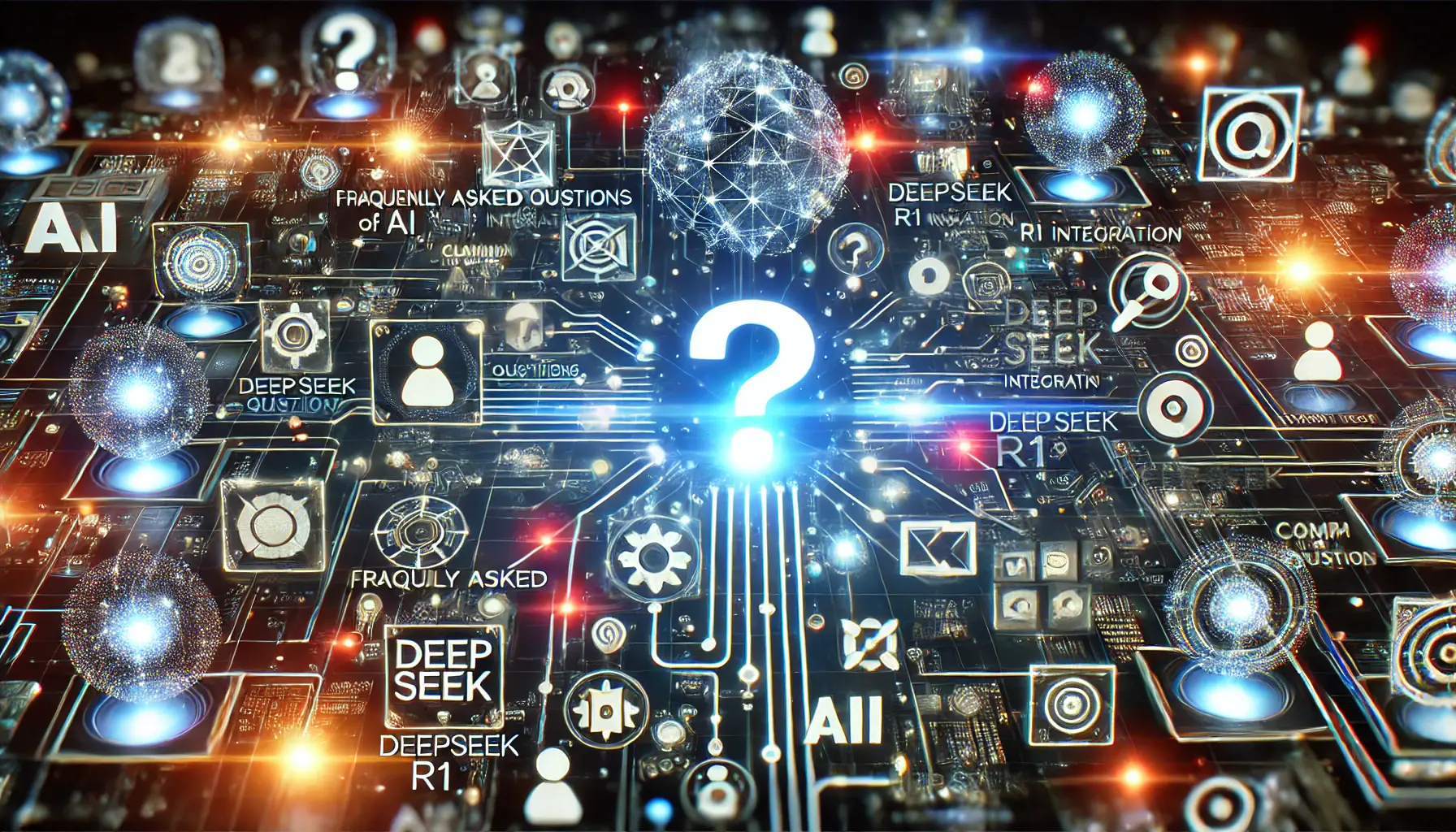 High-tech digital concept representing frequently asked questions about DeepSeek R1 integration, with interconnected AI systems and visual elements like question marks and data nodes.