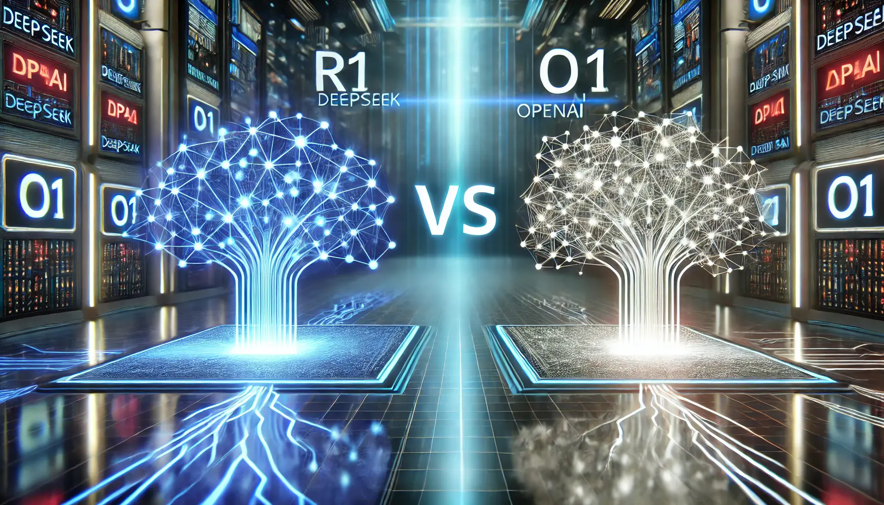 A digital comparison of DeepSeek R1 and OpenAI's o1, showcasing two advanced AI models represented by glowing neural networks.