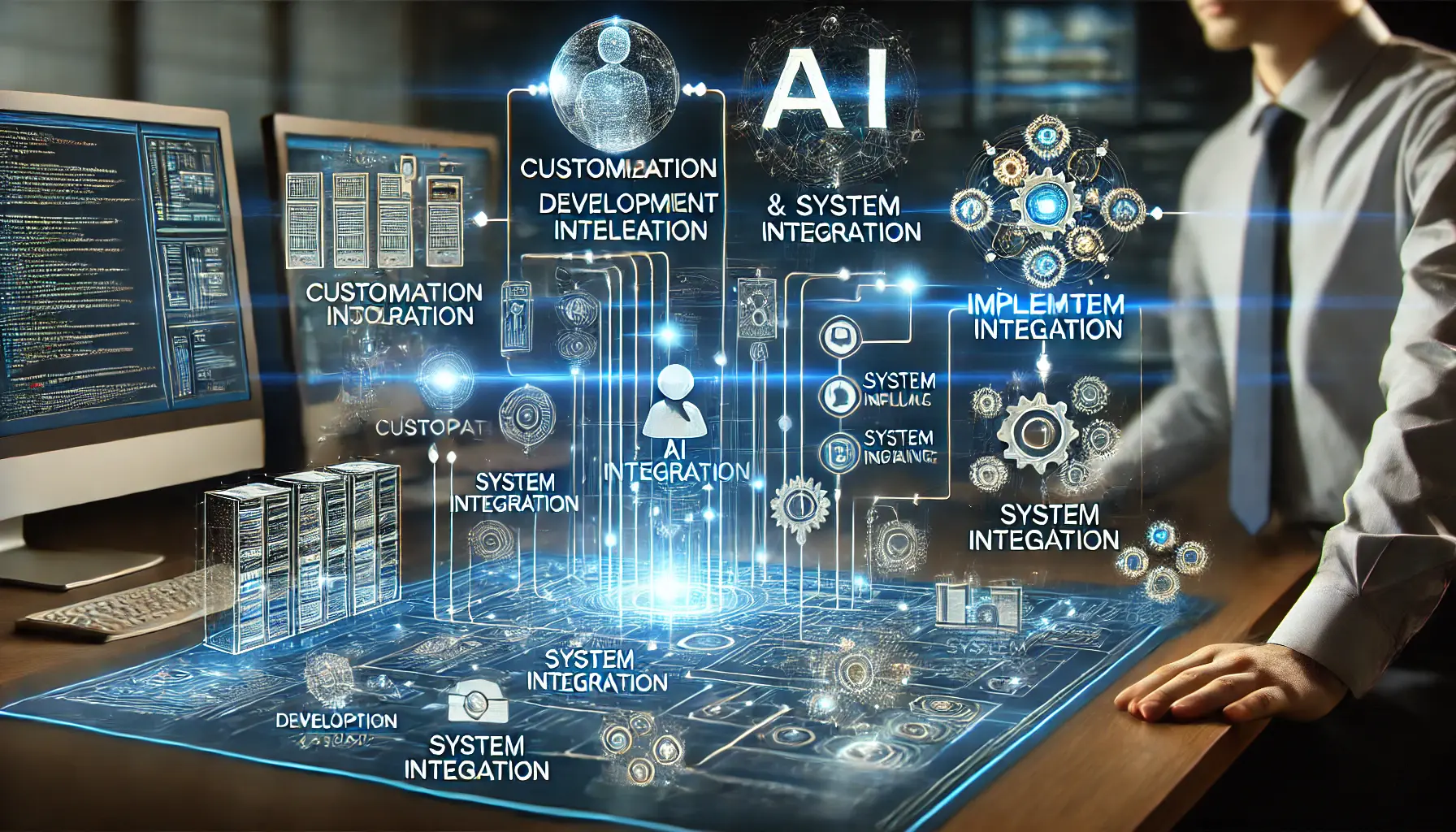 High-tech digital concept showing interconnected processes for development and implementation expenses in AI integration, including customization, system integration, and testing.