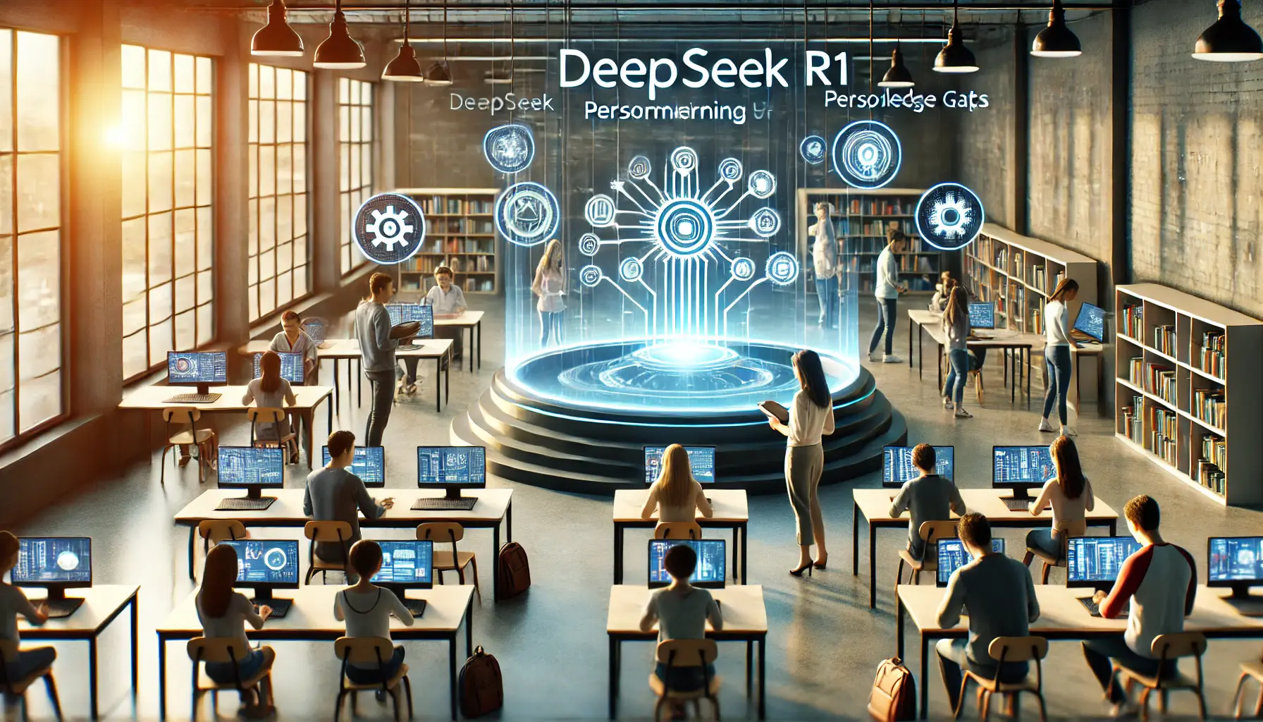 A high-tech educational environment where DeepSeek R1 personalizes learning, analyzing student performance and tailoring content.