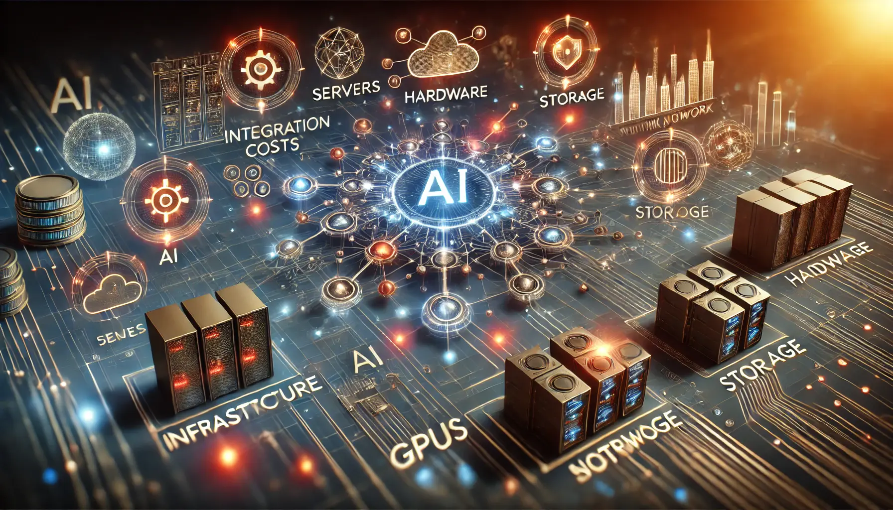 High-tech digital concept illustrating factors influencing AI integration costs, such as infrastructure, hardware, storage, and network capabilities, with glowing data streams and processing units.