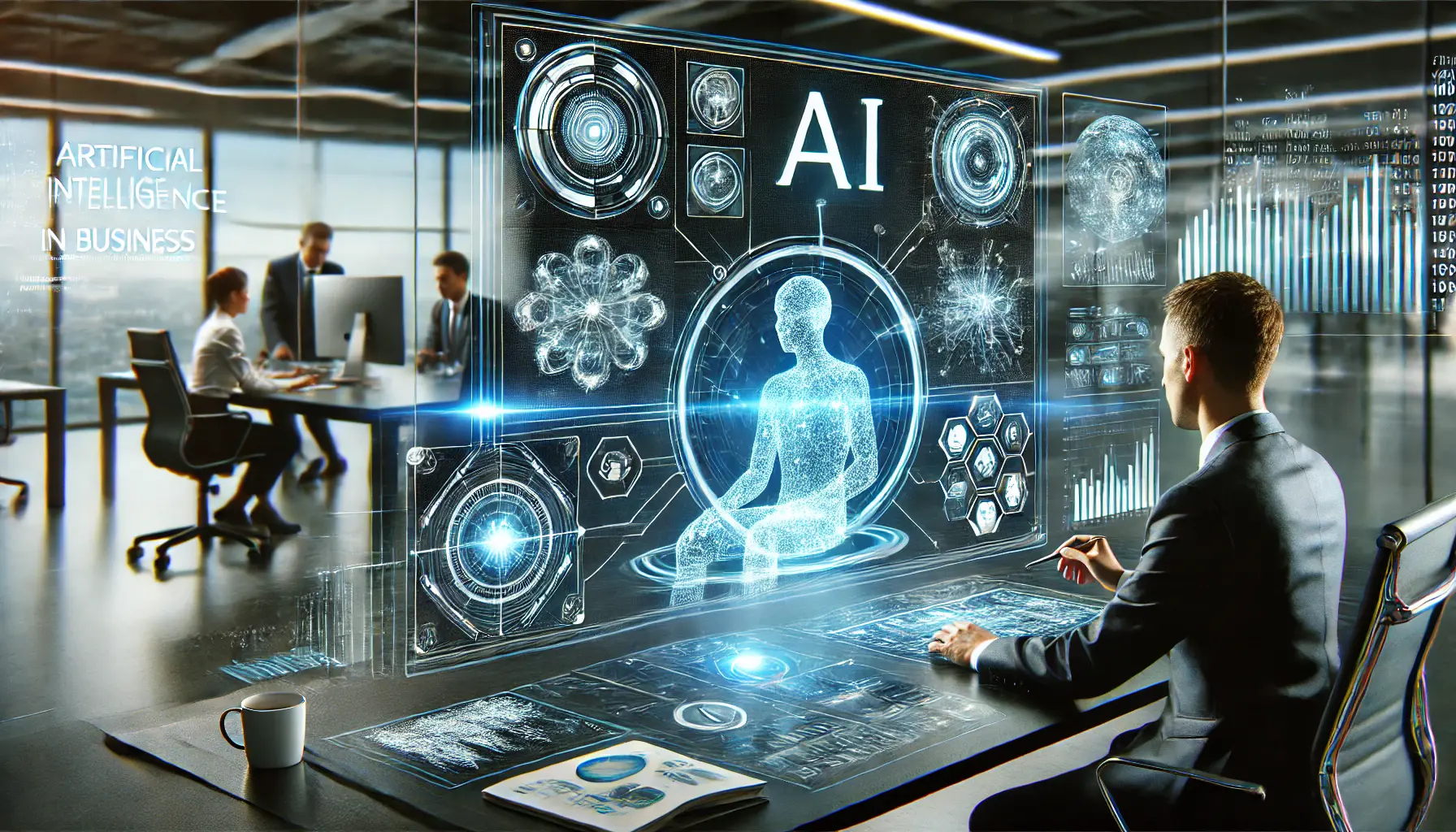 Futuristic AI-powered business environment with holographic AI interfaces and a digital neural network visualization.