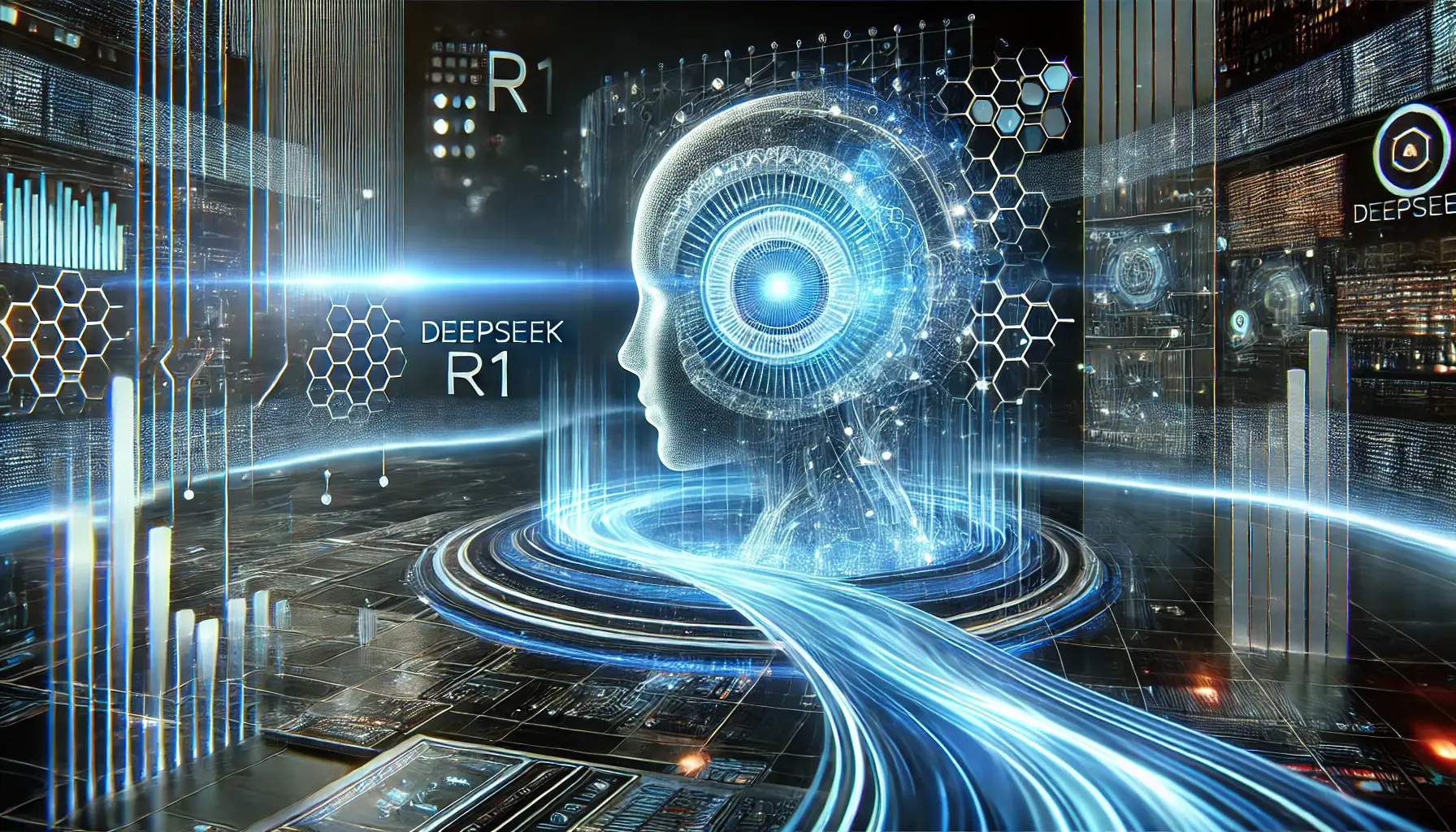 A futuristic AI interface showcasing DeepSeek R1 with glowing neural networks and data streams in a high-tech digital environment.