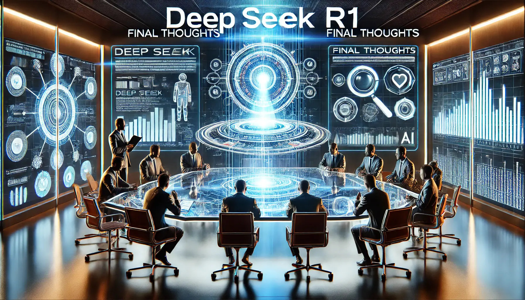 A futuristic conference room where professionals discuss the final thoughts on DeepSeek R1, with holographic projections displaying key insights.